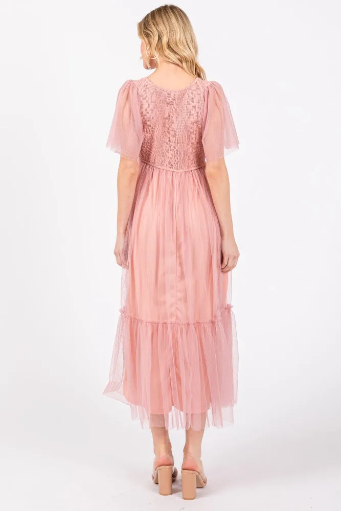 Mauve Dotted Tulle Smocked Midi Dress sold by Pinkblush product image thumbnail 4