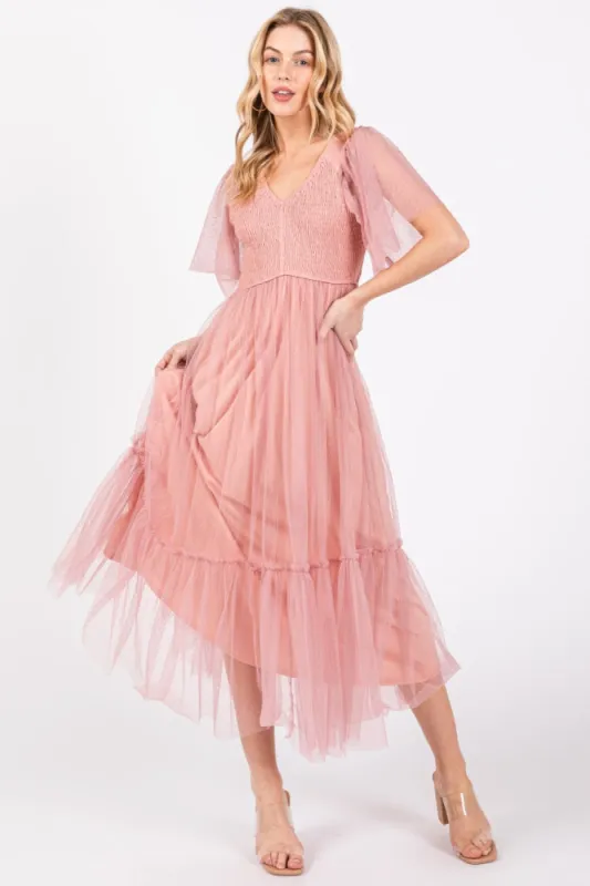 Mauve Dotted Tulle Smocked Midi Dress sold by Pinkblush