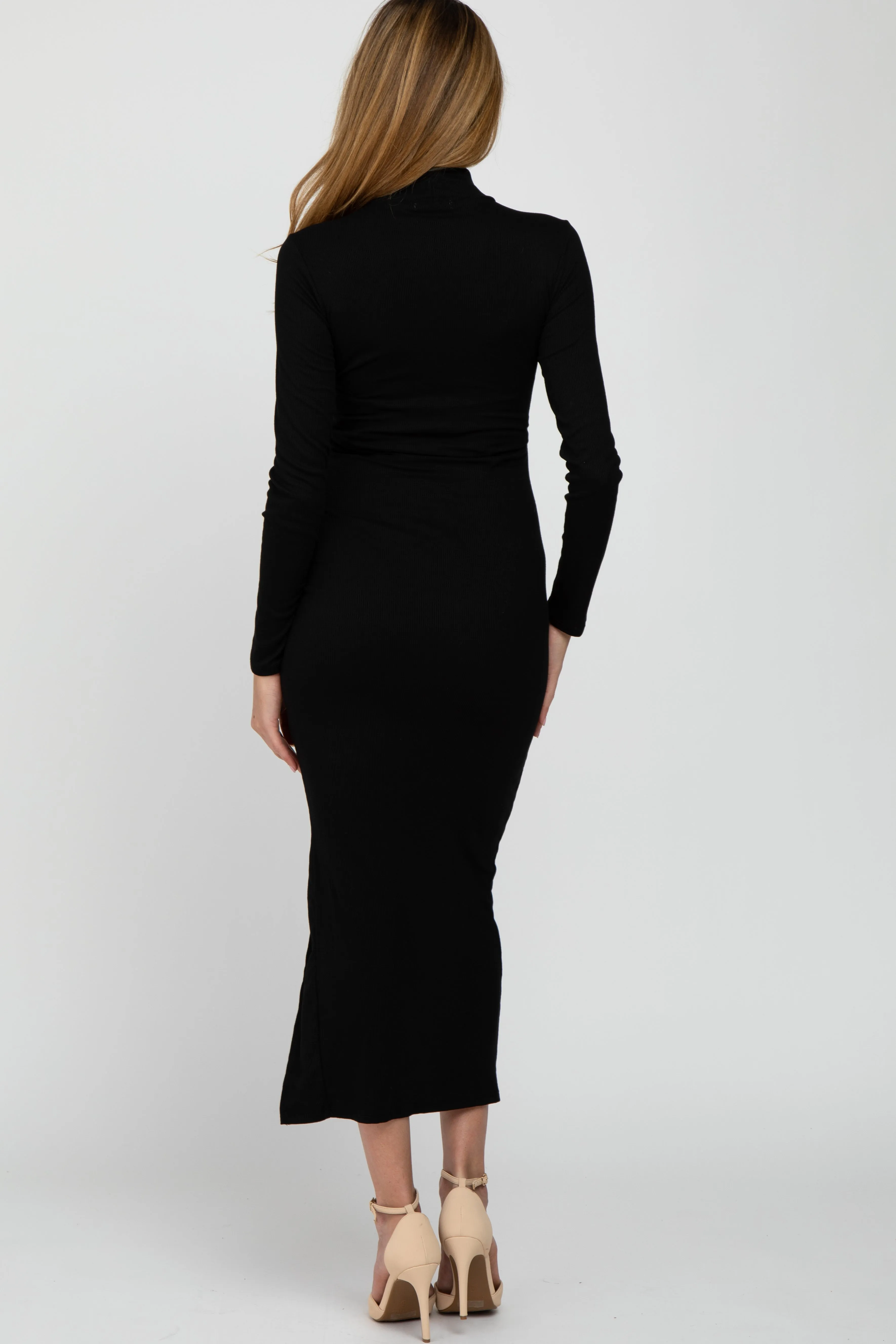 Black Ribbed Mock Neck Side Slit Maternity Maxi Dress sold by Pinkblush product image thumbnail 3