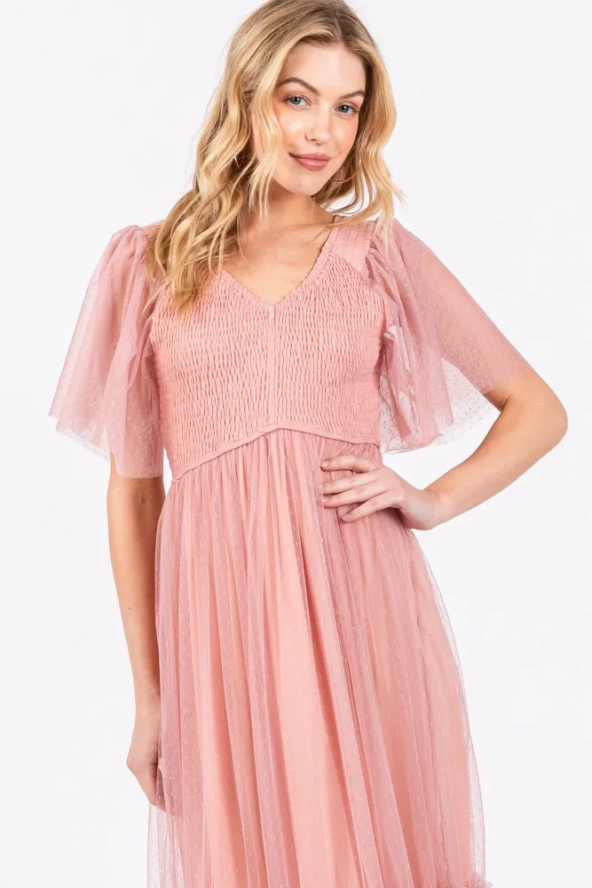 Mauve Dotted Tulle Smocked Midi Dress sold by Pinkblush product image thumbnail 5