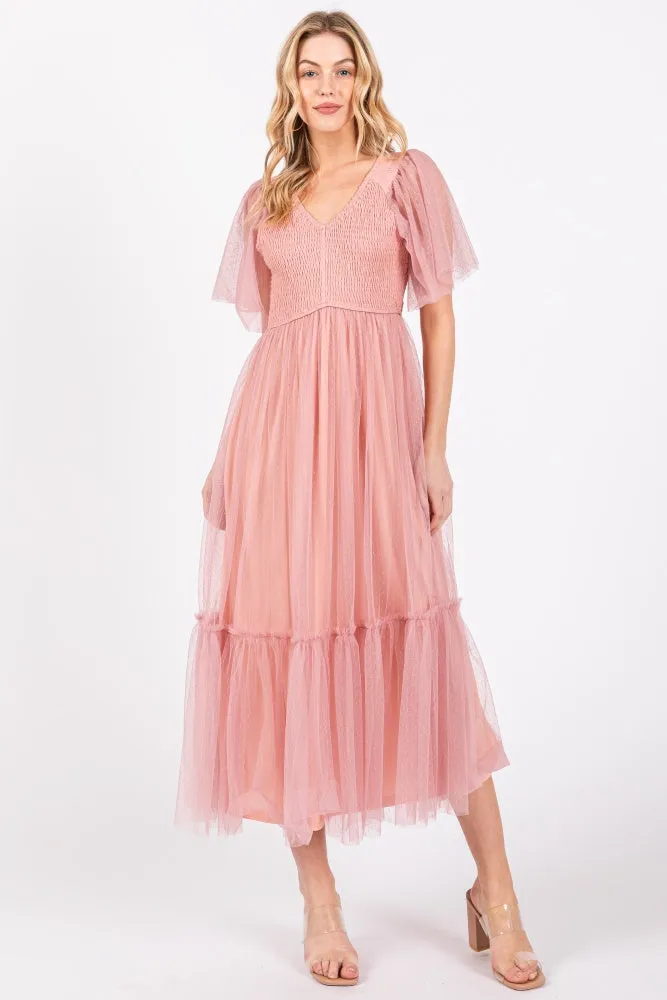 Mauve Dotted Tulle Smocked Midi Dress sold by Pinkblush product image thumbnail 2