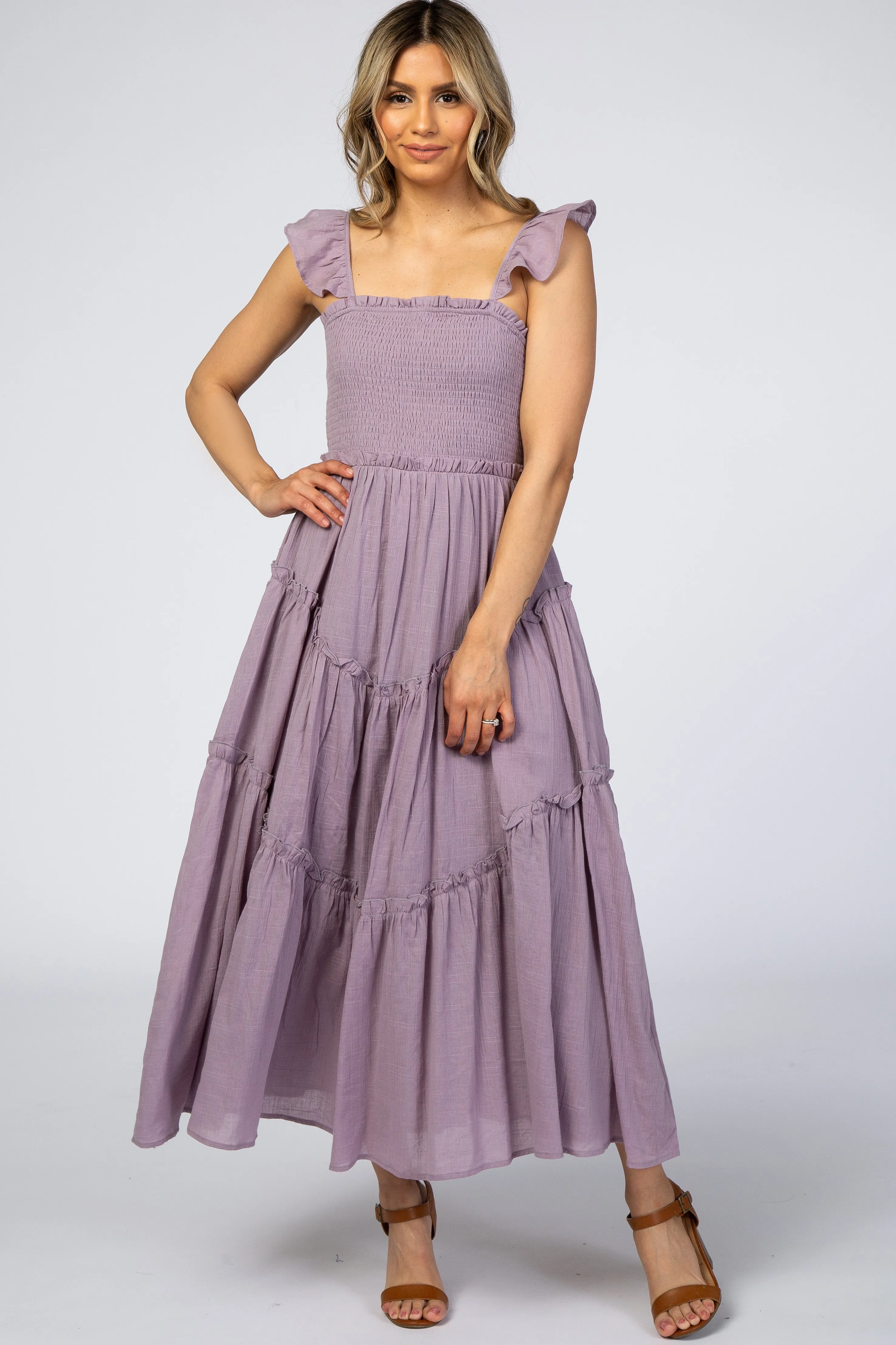 Lavender Smocked Ruffle Accent Dress sold by Pinkblush