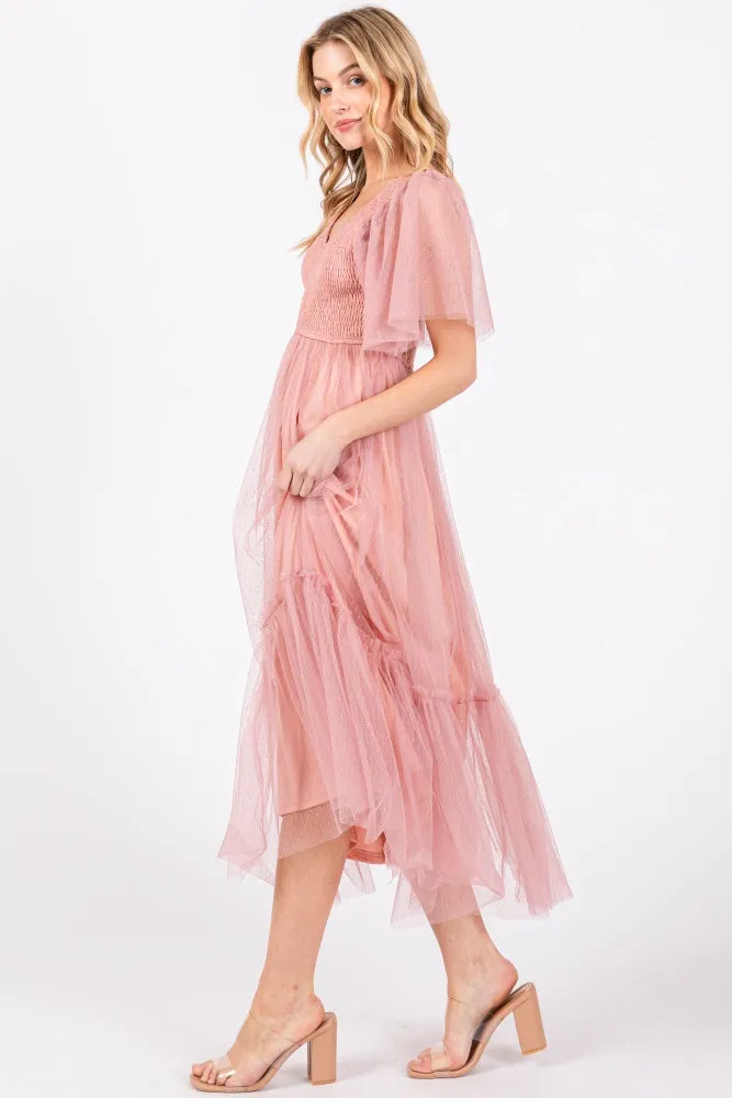 Mauve Dotted Tulle Smocked Midi Dress sold by Pinkblush product image thumbnail 3