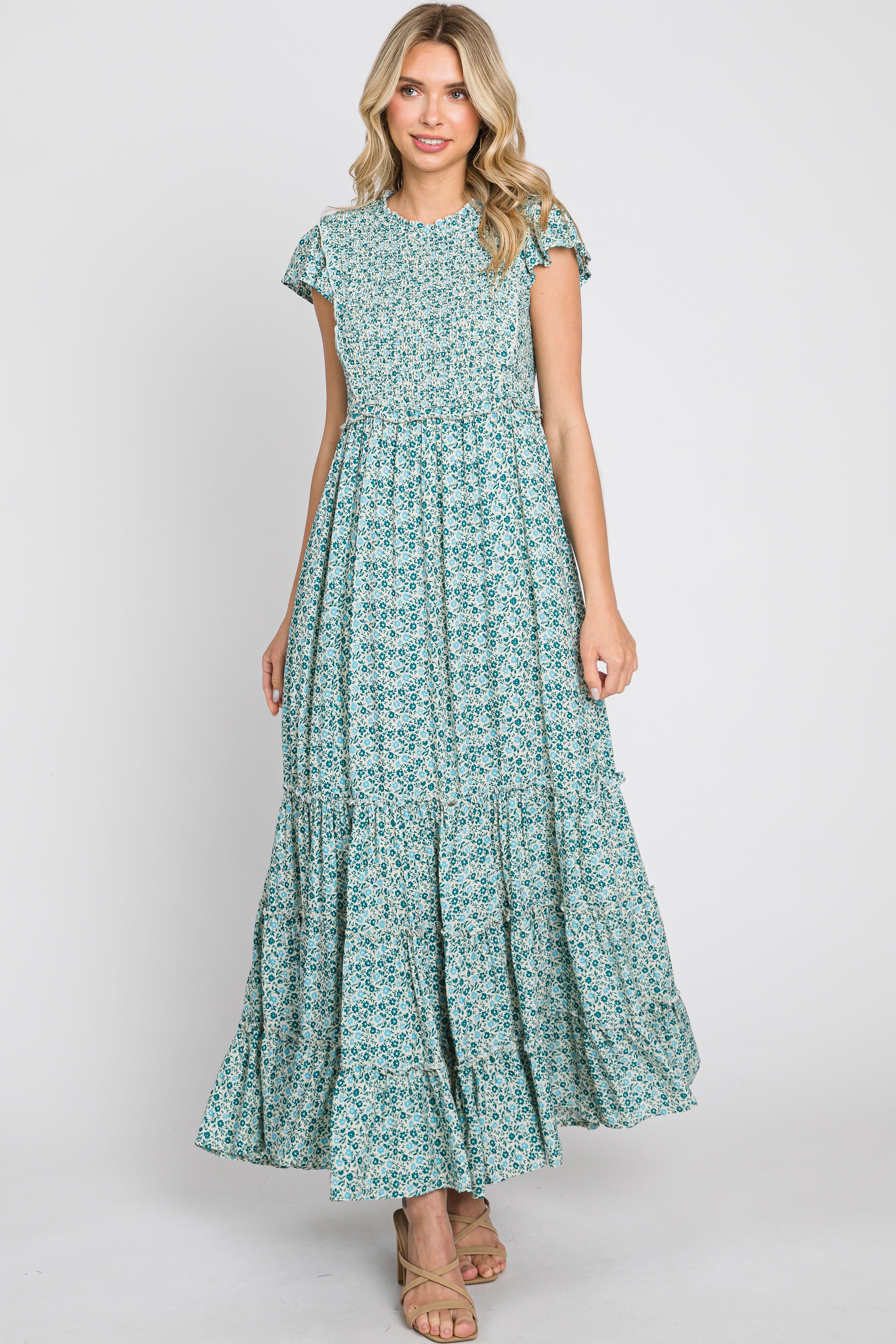 Teal Floral Tiered Maxi Dress sold by Pinkblush