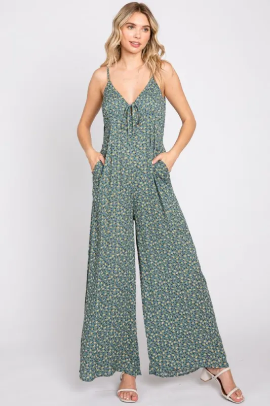 Olive Floral V-Neck Front Tie Sleeveless Jumpsuit sold by Pinkblush