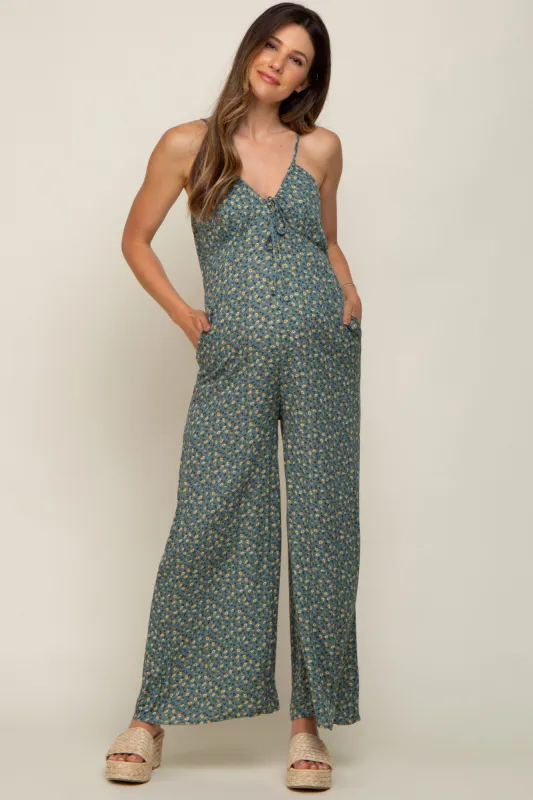 Olive Floral V-Neck Front Tie Sleeveless Maternity Jumpsuit sold by Pinkblush