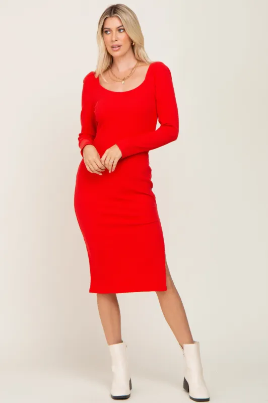 Red Ribbed Long Puff Sleeve Midi Dress sold by Pinkblush