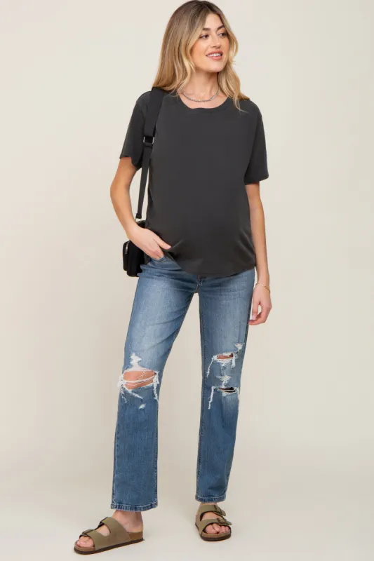 Medium Wash Distressed Straight Leg Maternity Jeans sold by Pinkblush