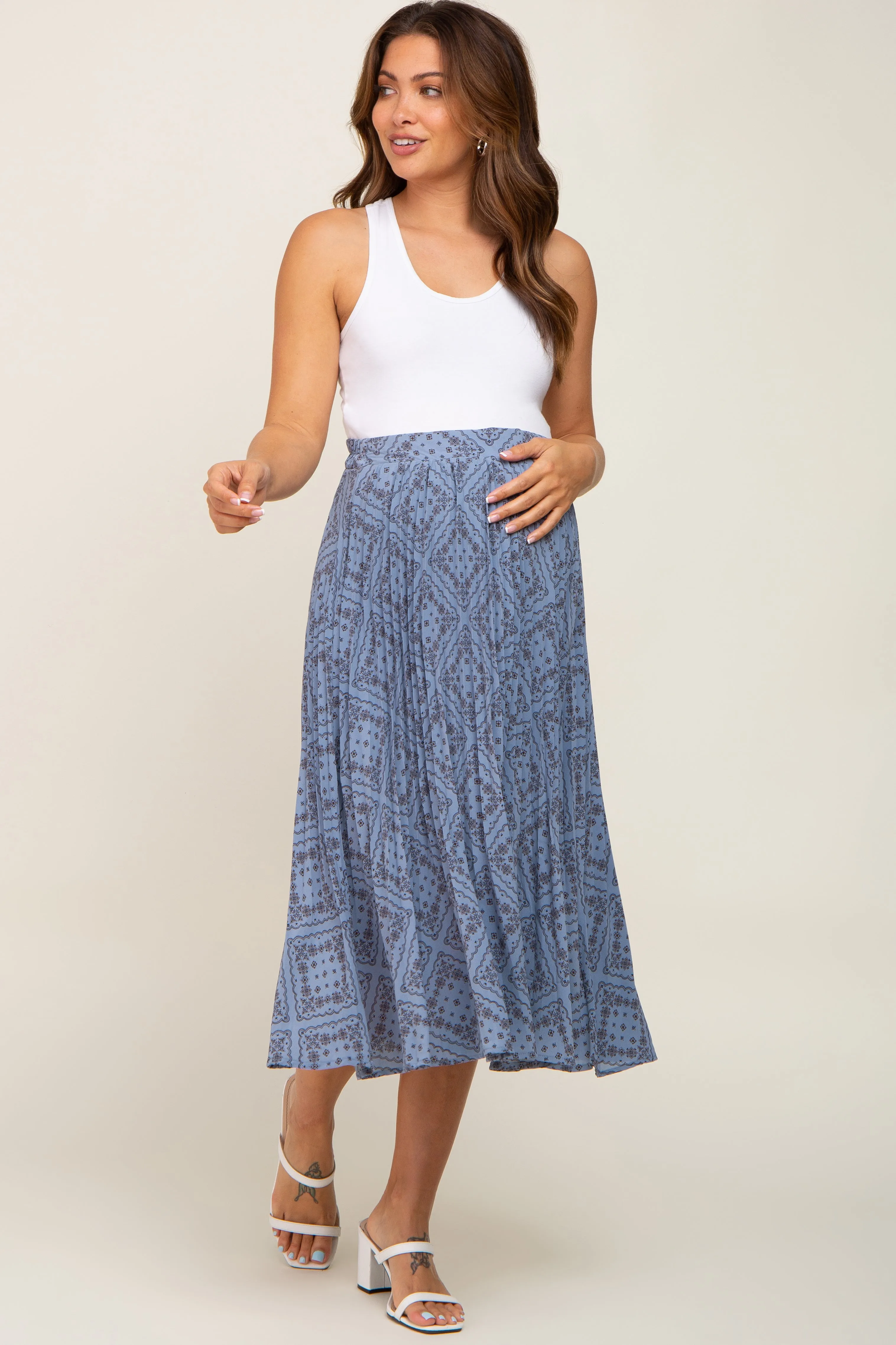 Blue Printed Pleated Maternity Midi Skirt sold by Pinkblush product image thumbnail 5