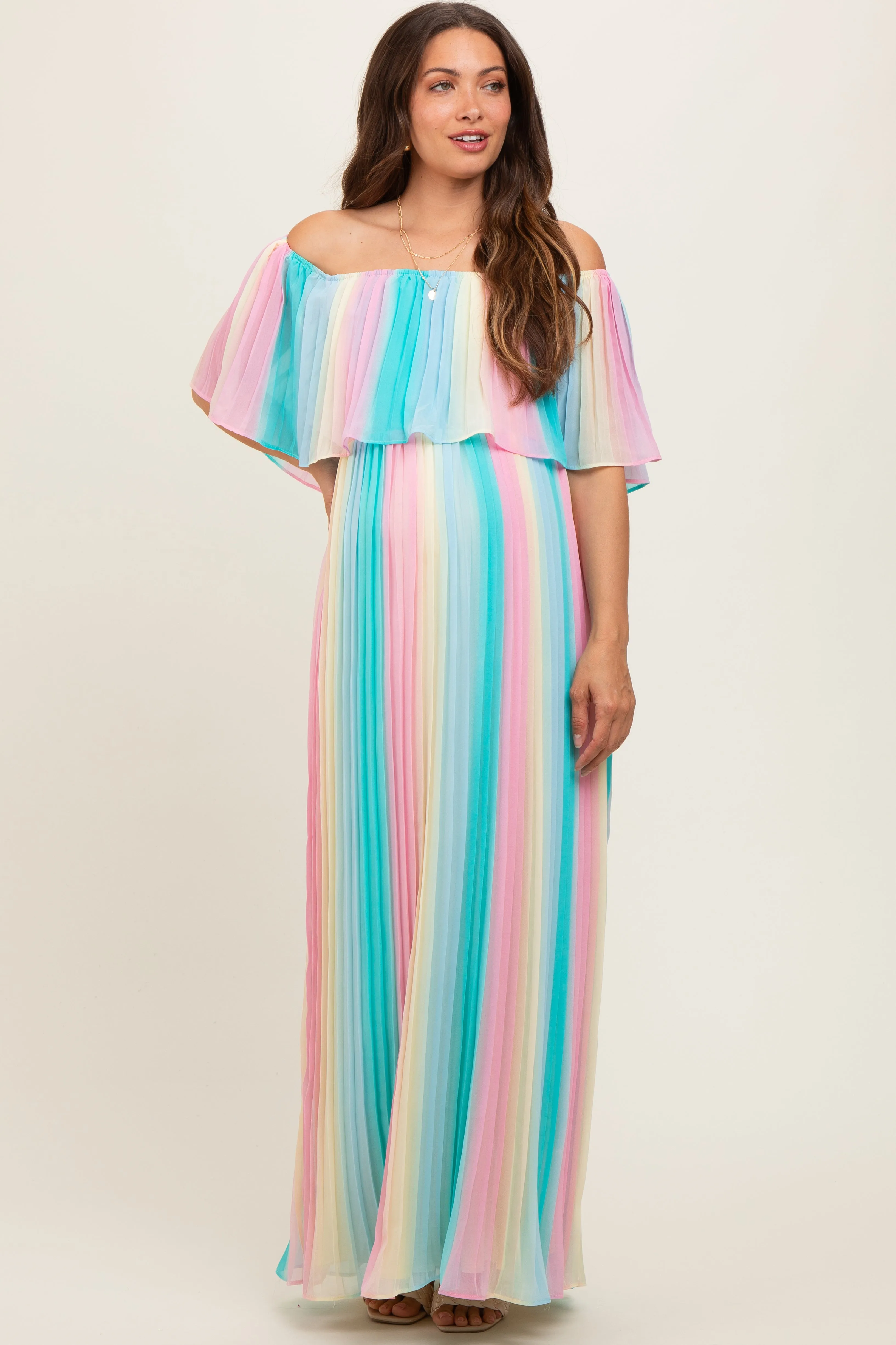 Multicolor Pleated Off Shoulder Maternity Maxi Dress sold by Pinkblush product image thumbnail 2
