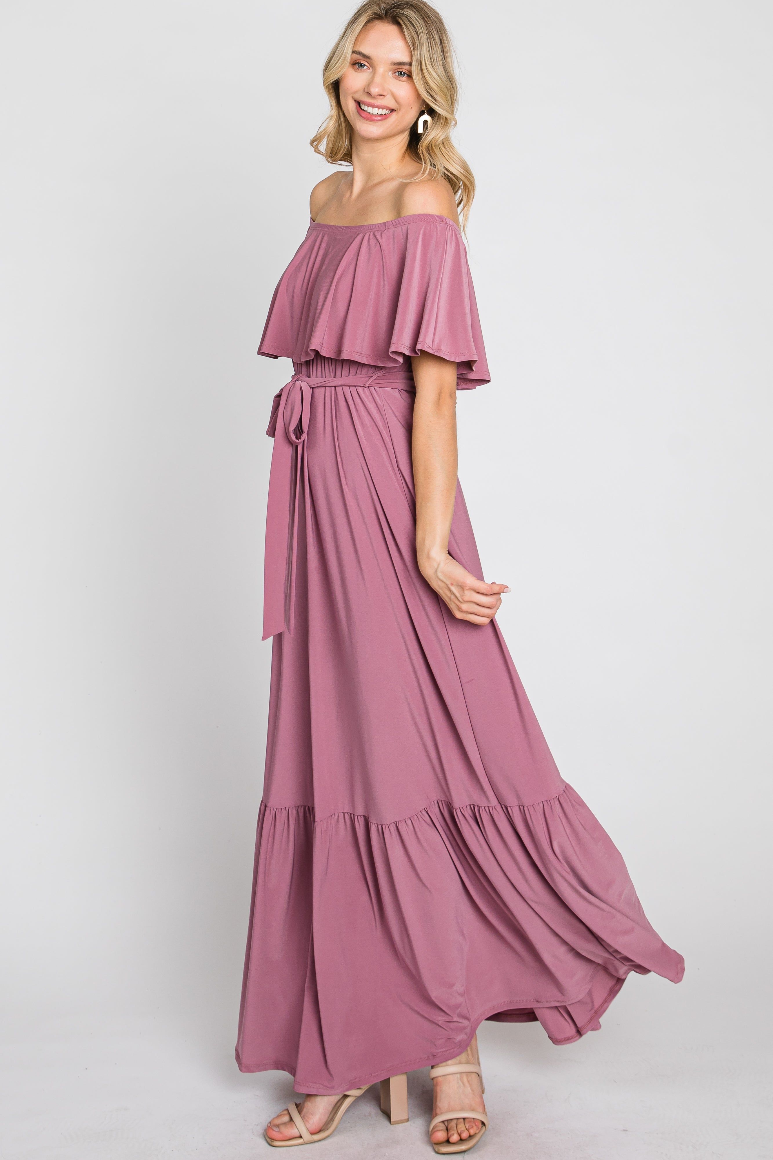 Mauve Off Shoulder Maxi Dress sold by Pinkblush product image thumbnail 4