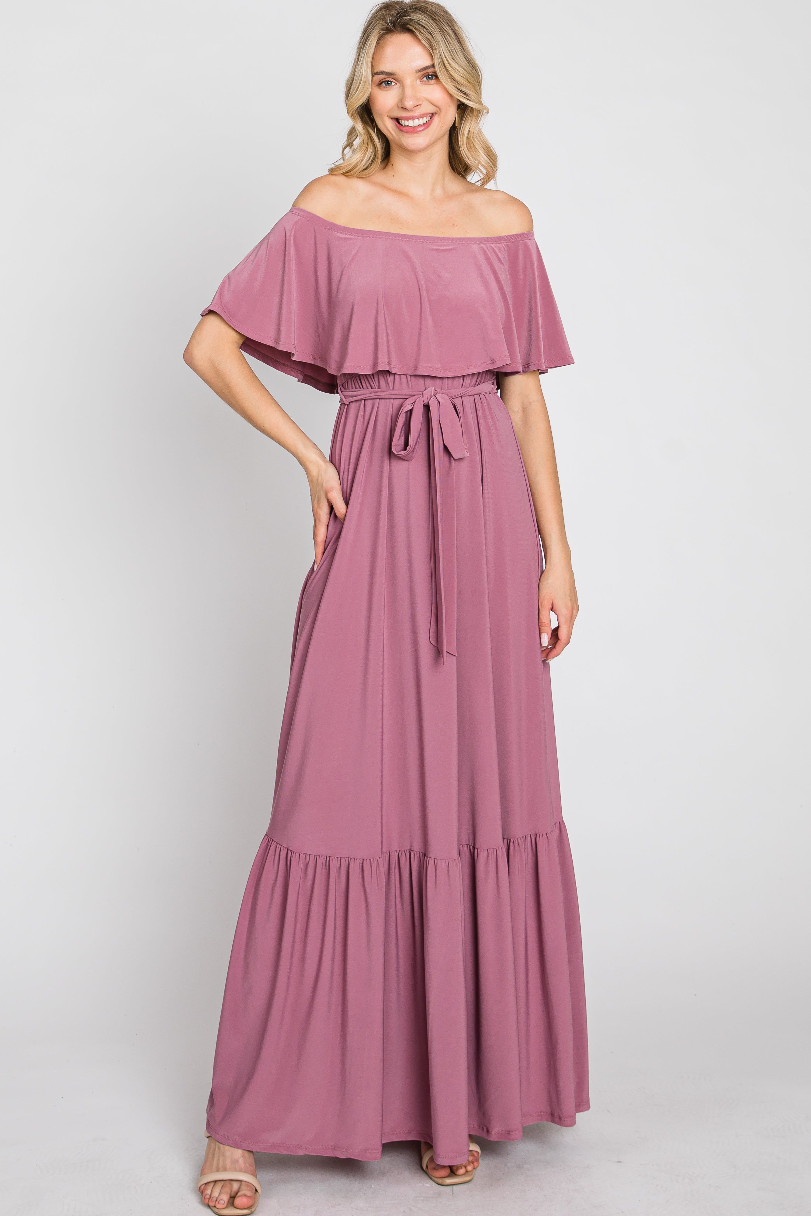 Mauve Off Shoulder Maxi Dress sold by Pinkblush