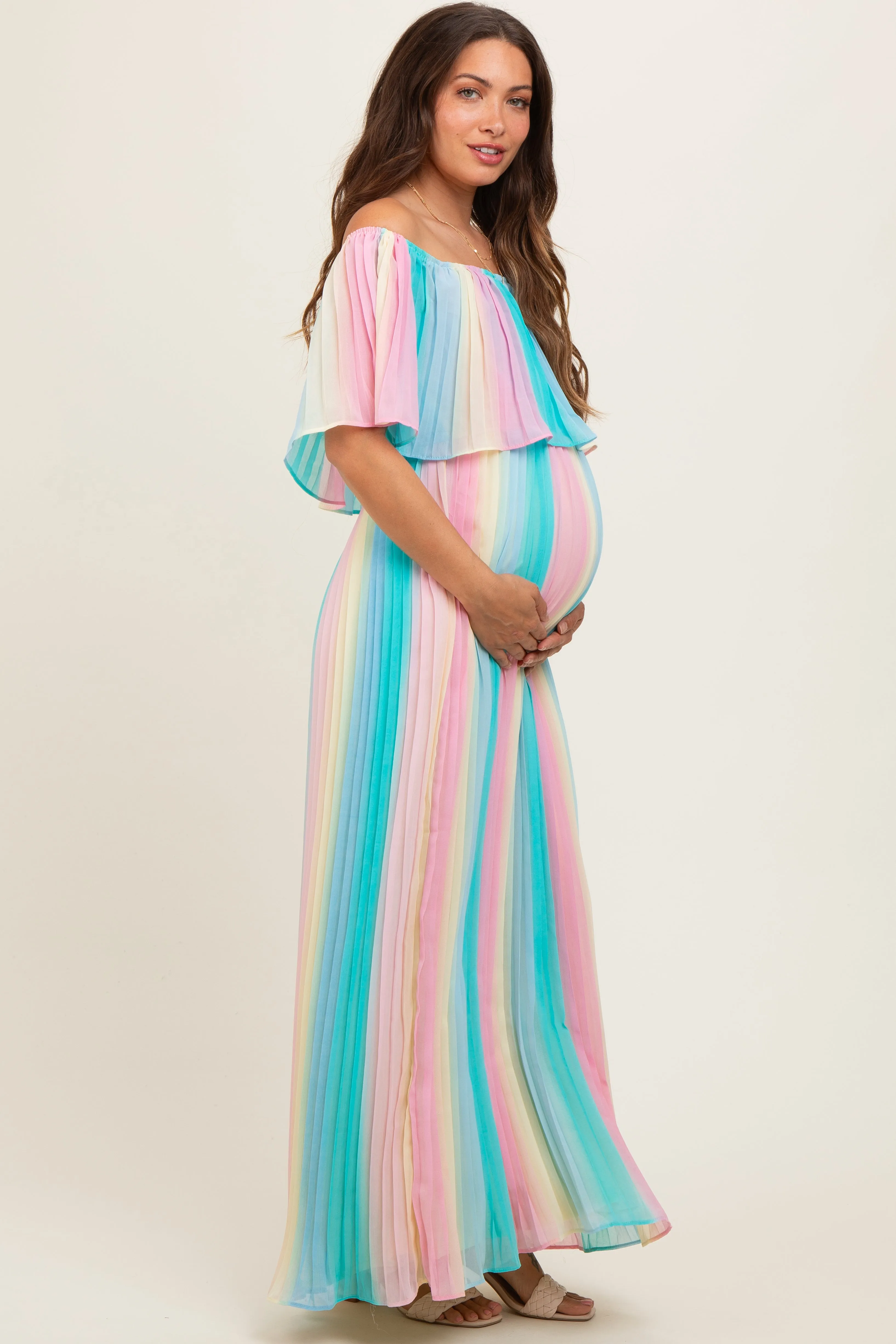 Multicolor Pleated Off Shoulder Maternity Maxi Dress sold by Pinkblush product image thumbnail 3