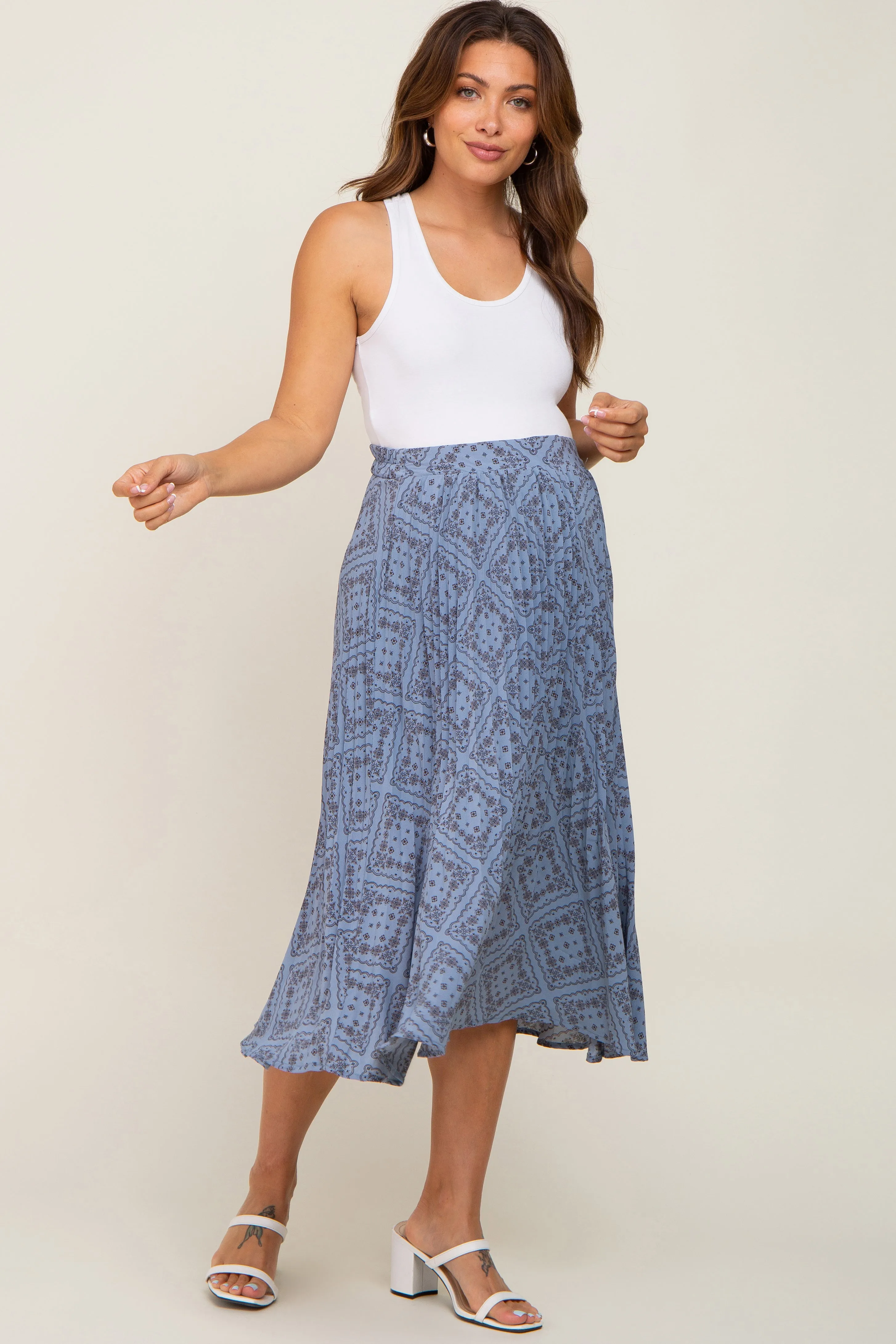 Blue Printed Pleated Maternity Midi Skirt sold by Pinkblush