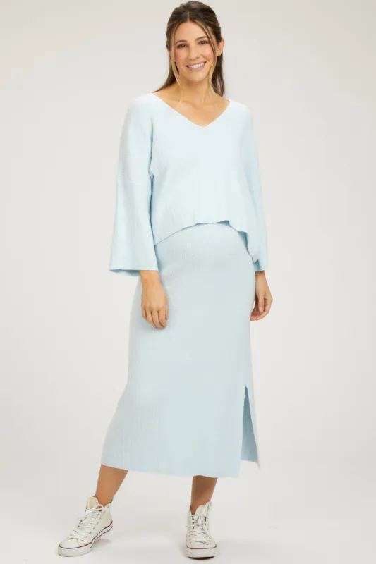 Light Blue V-Neck Knit Maternity Skirt Set sold by Pinkblush