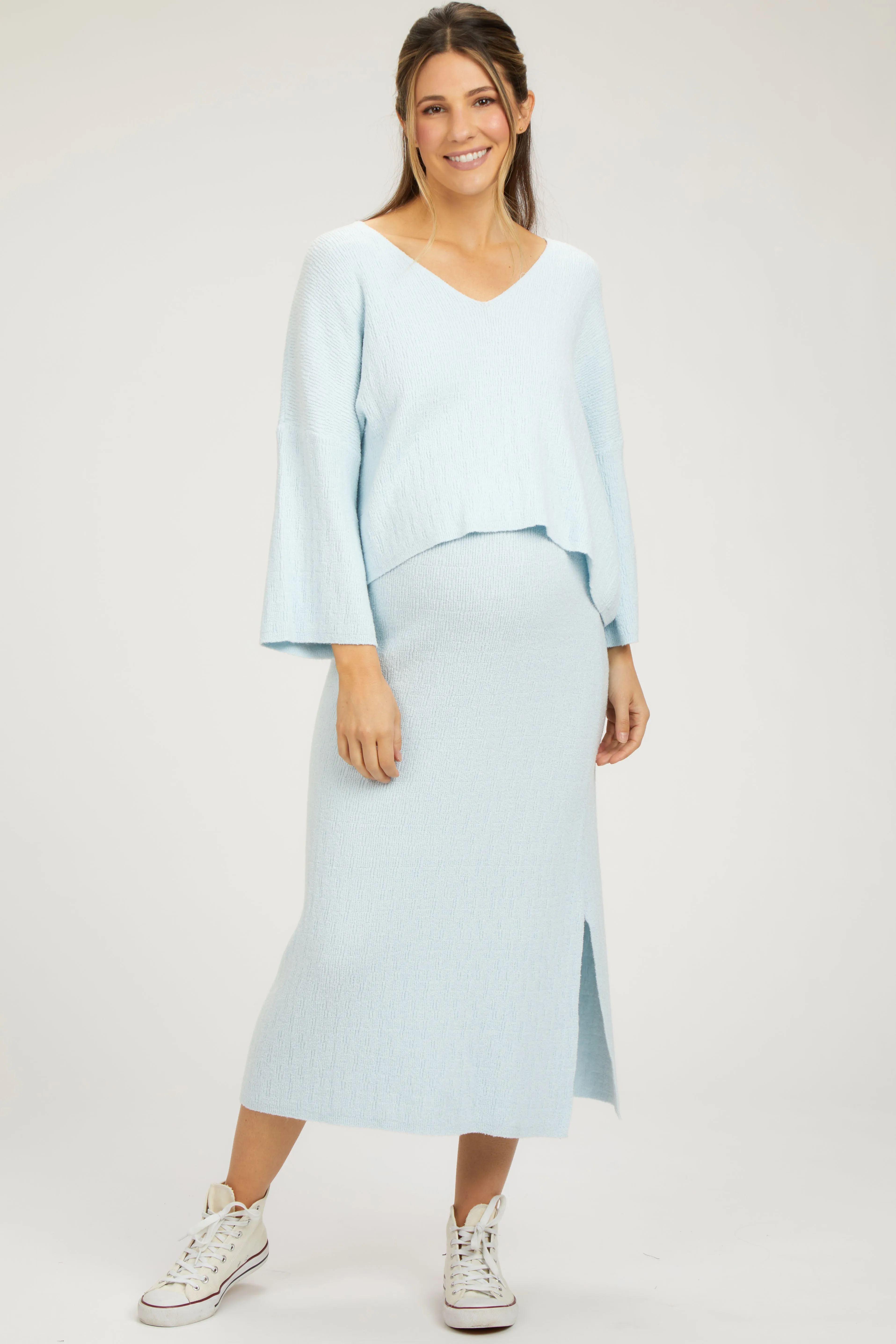 Light Blue V-Neck Knit Maternity Skirt Set sold by Pinkblush