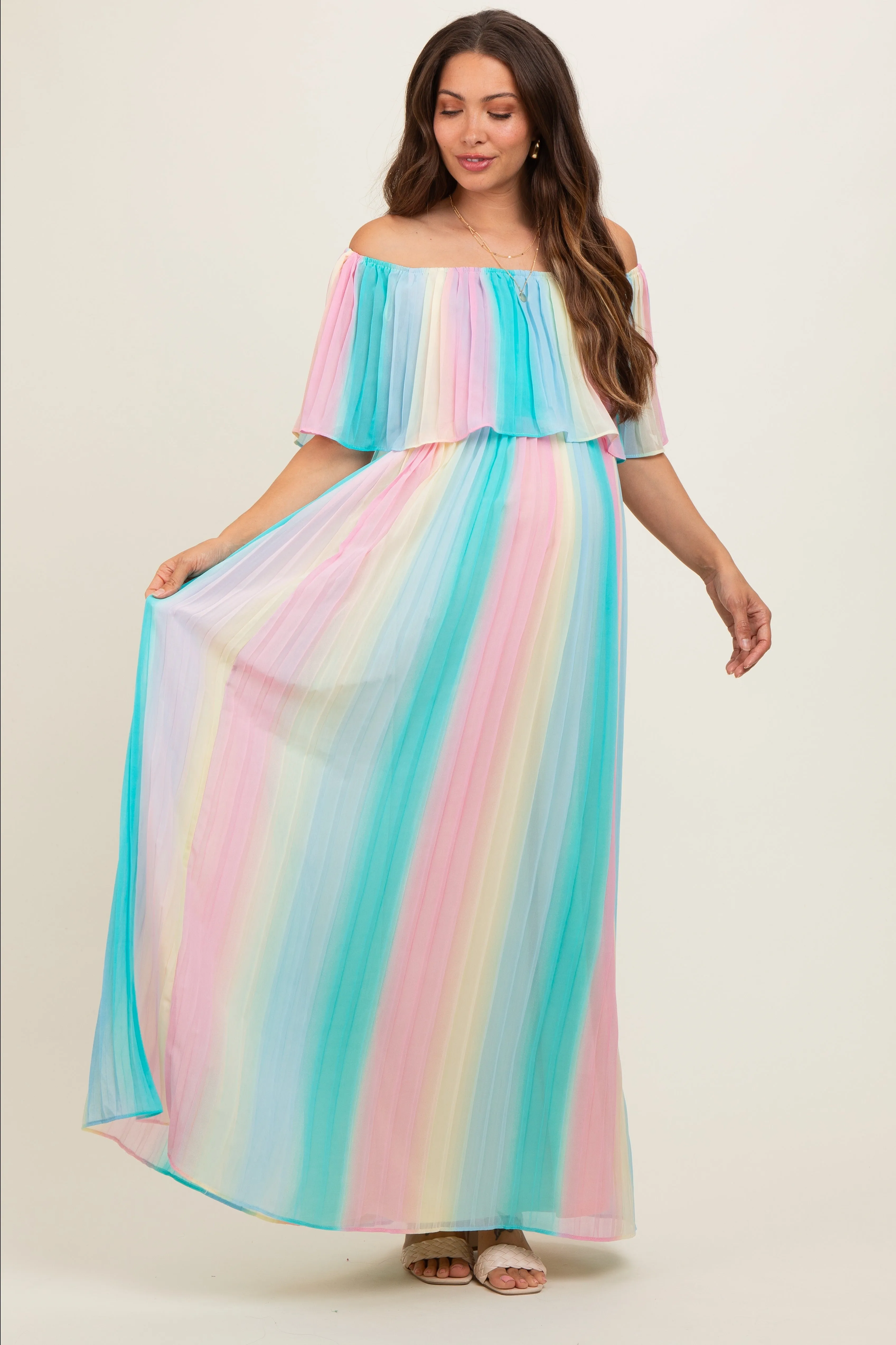 Multicolor Pleated Off Shoulder Maternity Maxi Dress sold by Pinkblush