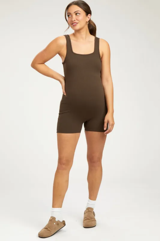 Brown Ribbed Square Neck Sleeveless Maternity Romper sold by Pinkblush