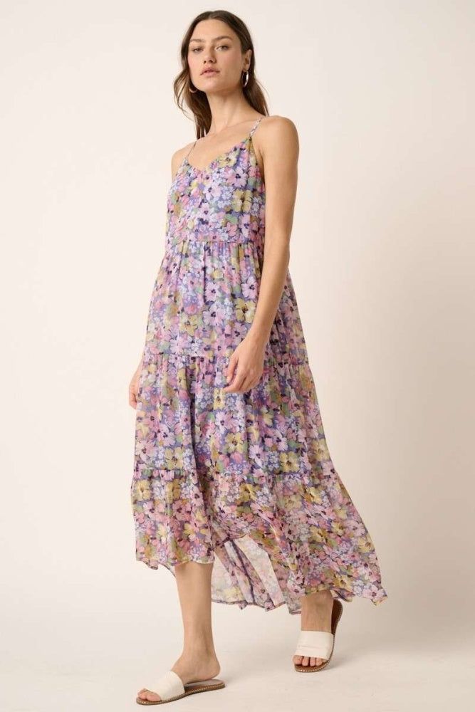 Lavender Flower Print Ruffle Tier Maxi Dress sold by Pinkblush
