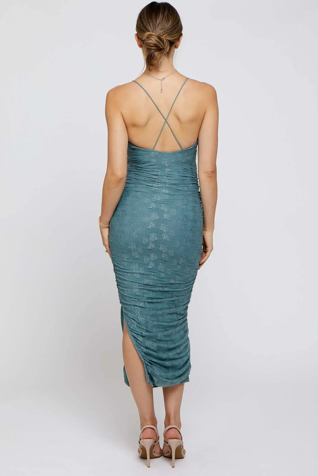 Sage Floral Lace Ruched Cross Back Maternity Midi Dress sold by Pinkblush product image thumbnail 3