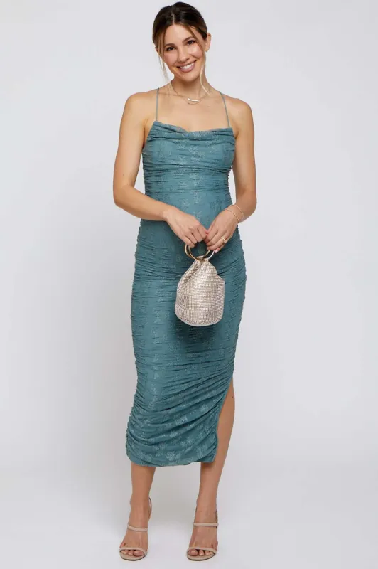Sage Floral Lace Ruched Cross Back Maternity Midi Dress sold by Pinkblush