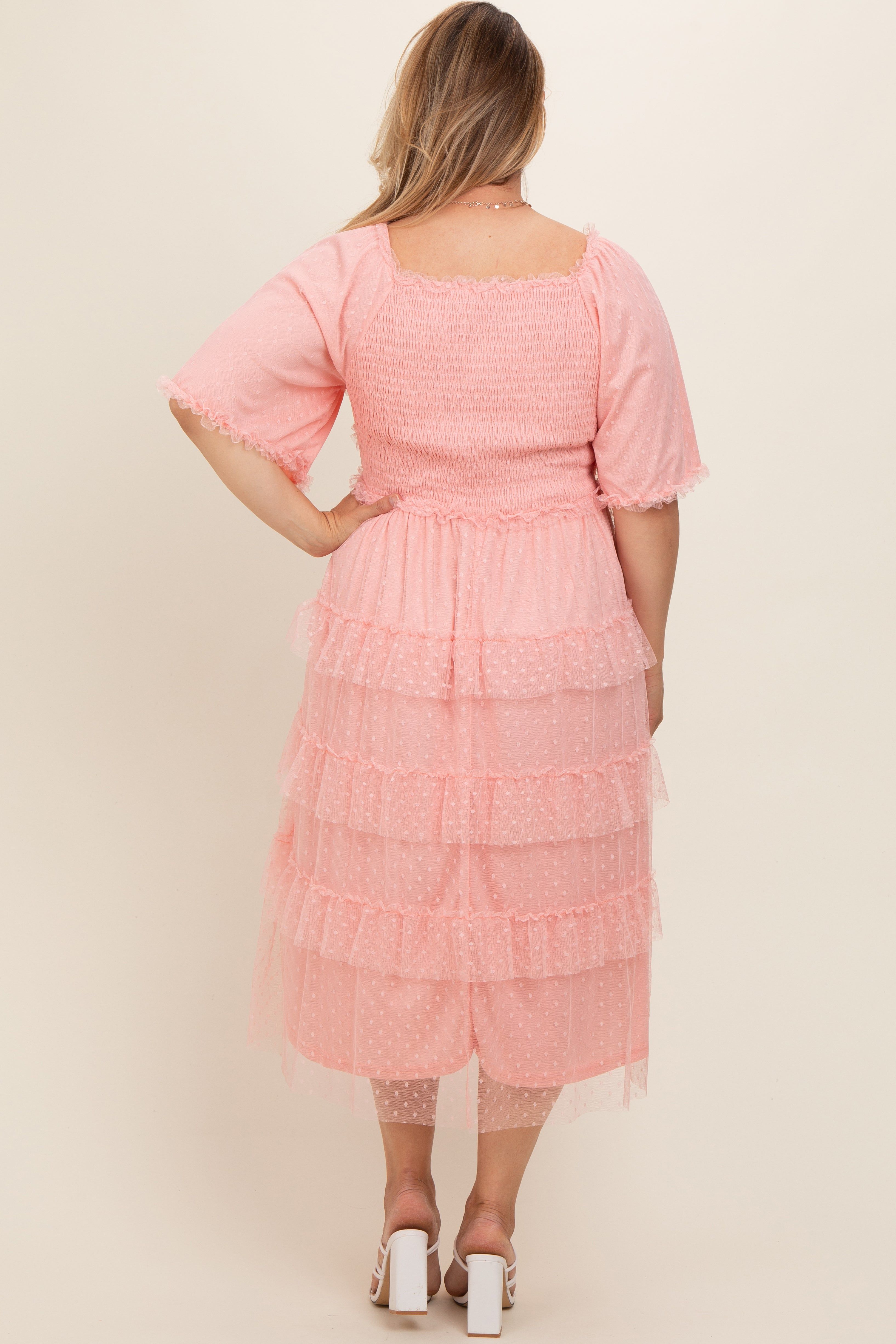 Light Pink Swiss Dot Smocked Tiered Maternity Plus Midi Dress sold by Pinkblush product image thumbnail 4