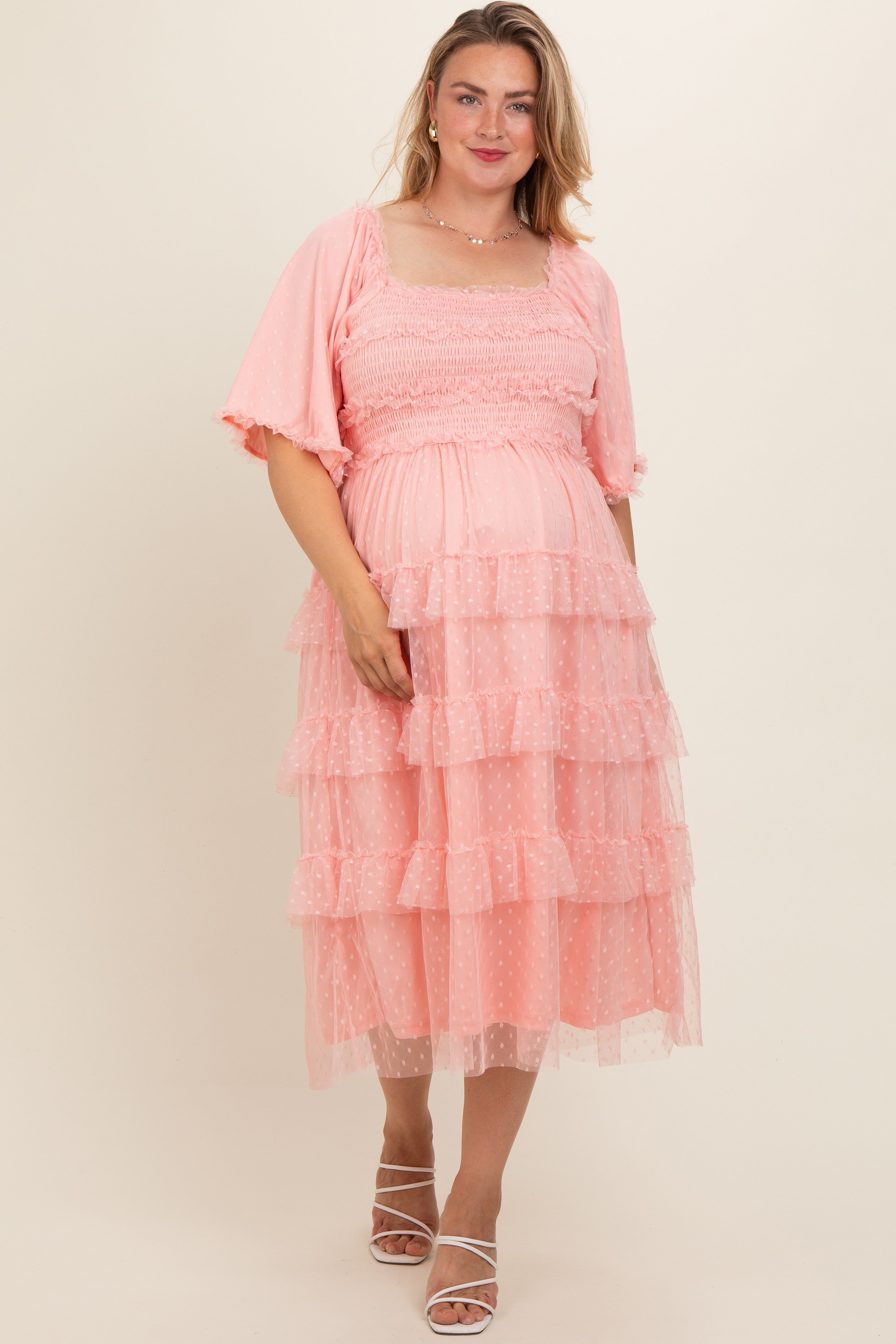 Light Pink Swiss Dot Smocked Tiered Maternity Plus Midi Dress sold by Pinkblush