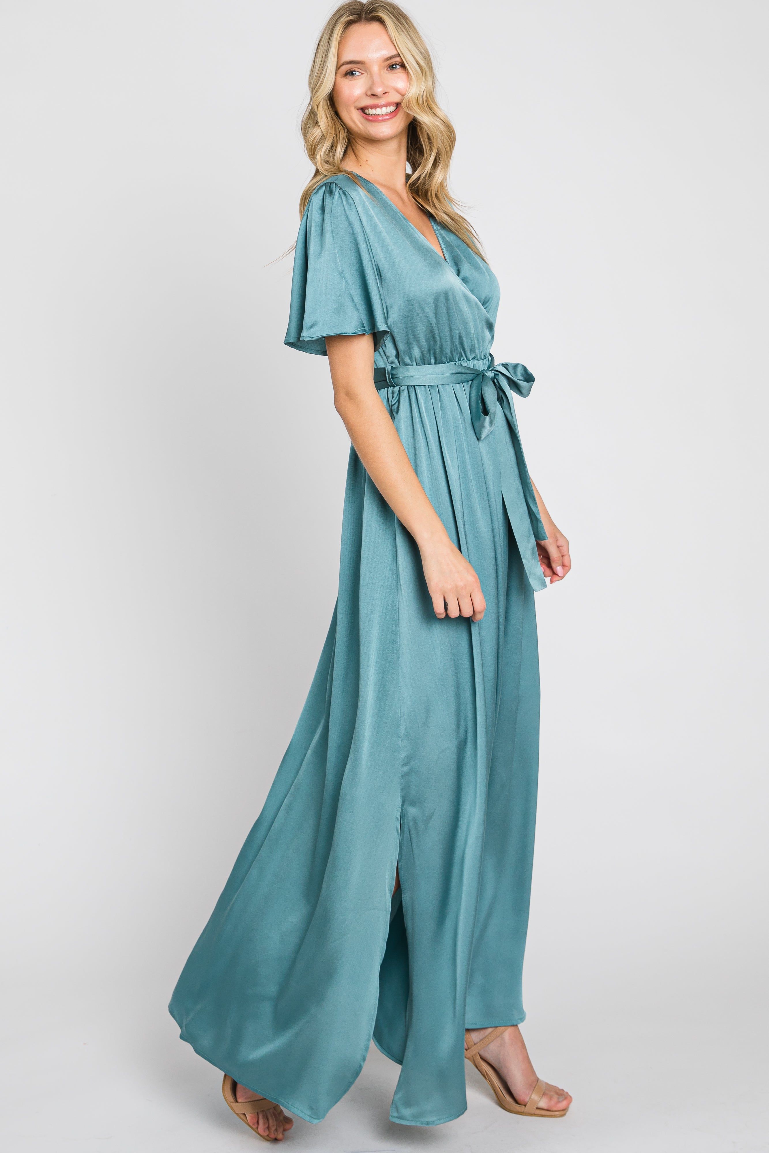 Teal Satin Wrap Front V-Neck Short Sleeve Side Slit Maxi Dress sold by Pinkblush product image thumbnail 2
