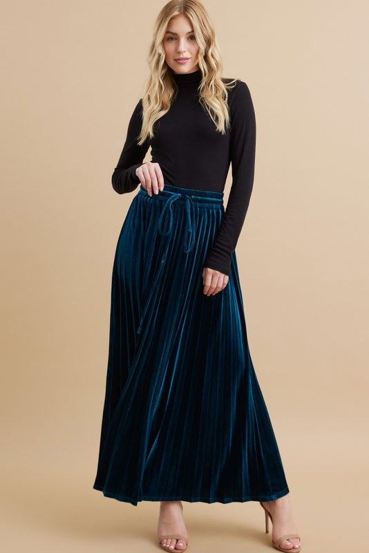 Teal Velvet Knit Drawstring Maxi Skirt sold by Pinkblush product image thumbnail 2