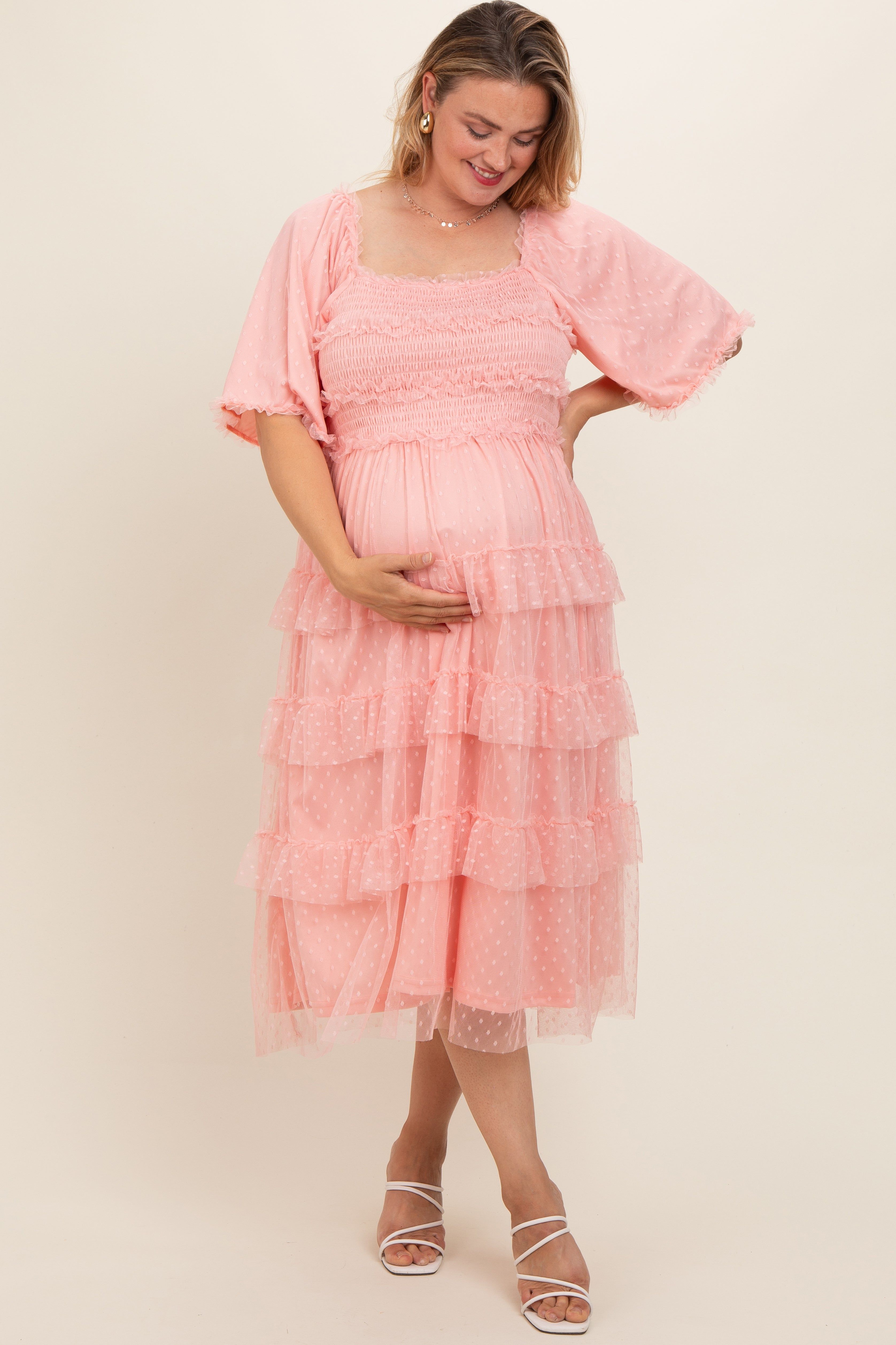 Light Pink Swiss Dot Smocked Tiered Maternity Plus Midi Dress sold by Pinkblush product image thumbnail 2