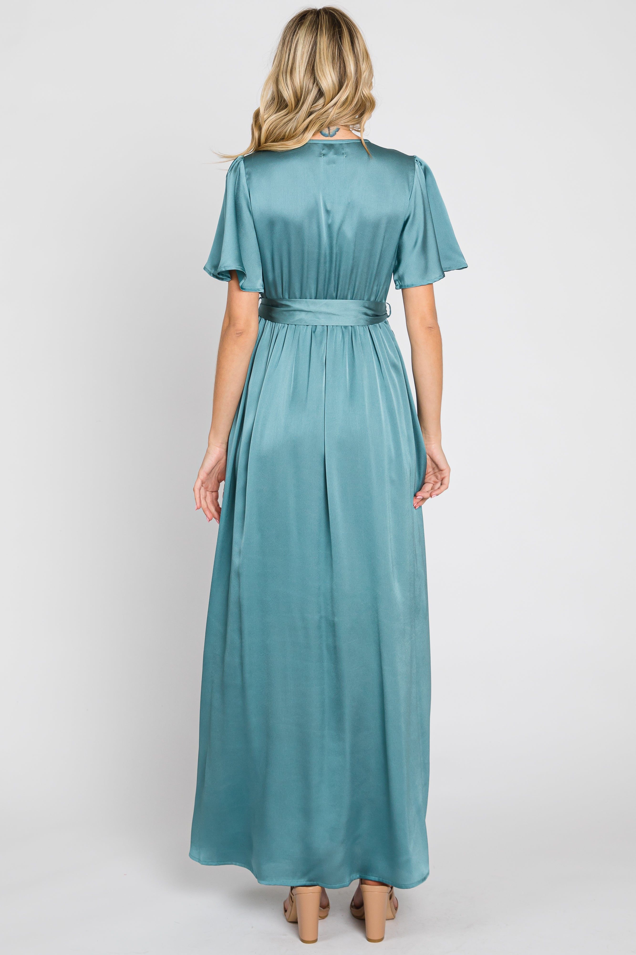 Teal Satin Wrap Front V-Neck Short Sleeve Side Slit Maxi Dress sold by Pinkblush product image thumbnail 3