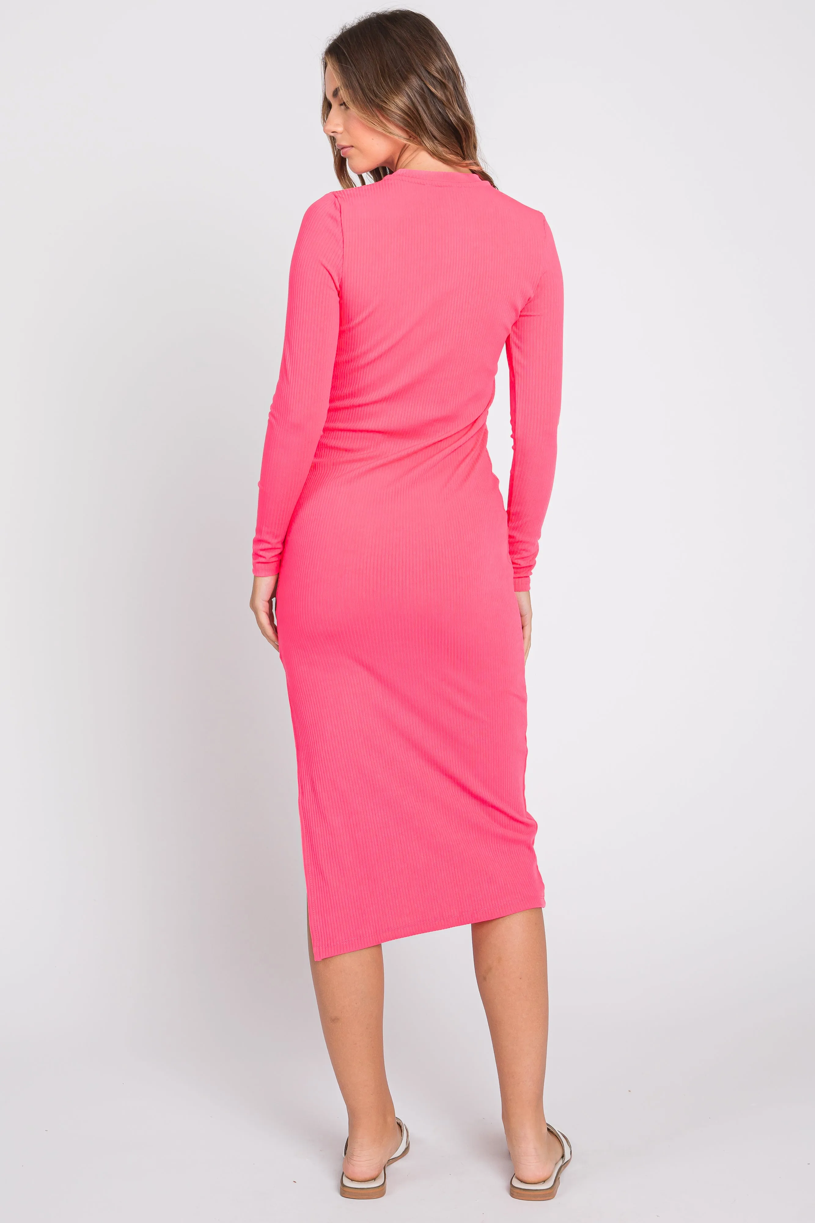 Pink Ribbed Mock Neck Long Sleeve Midi Dress sold by Pinkblush product image thumbnail 3