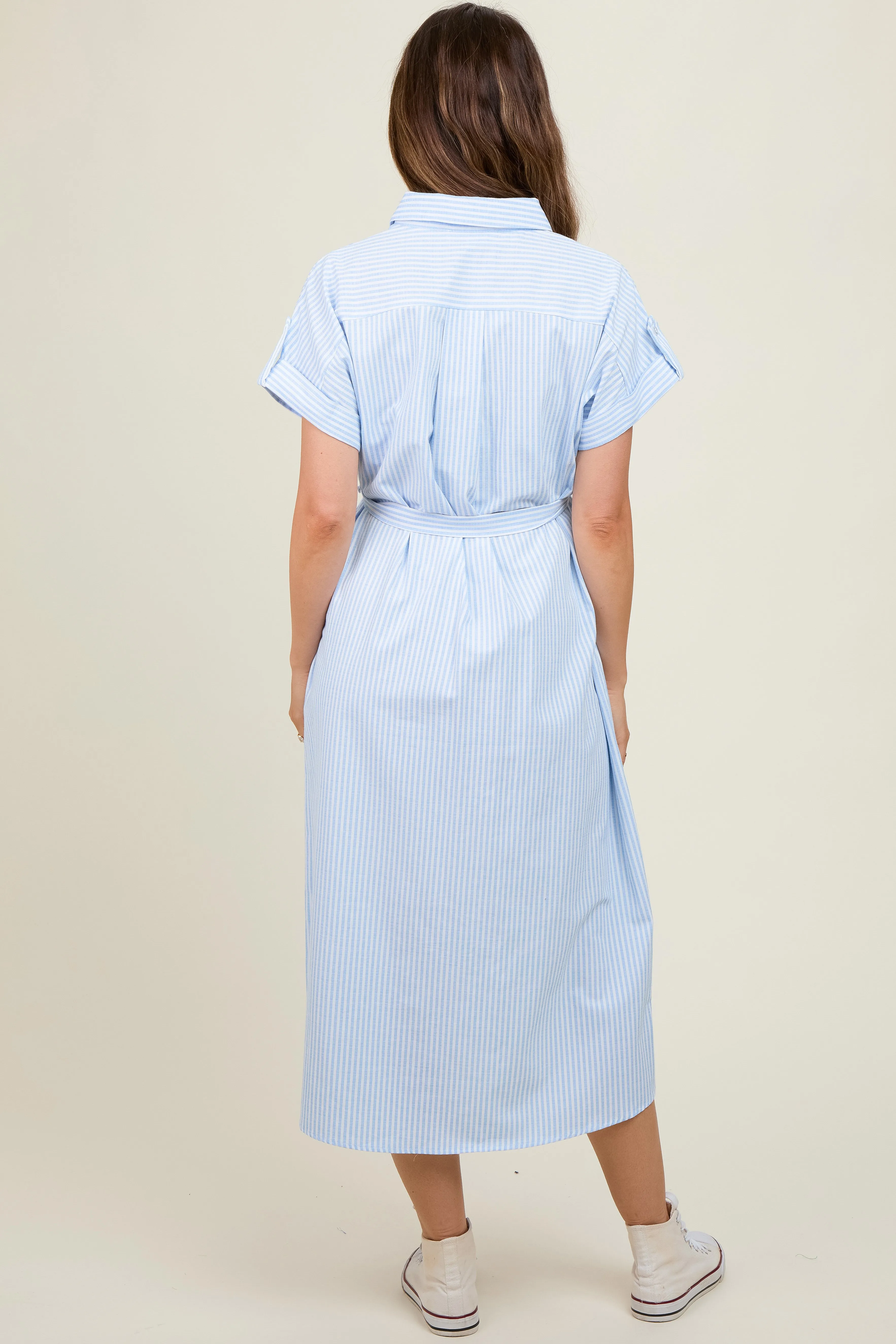 Light Blue Pin Stripe Sash Tie Maternity Midi Dress sold by Pinkblush product image thumbnail 5
