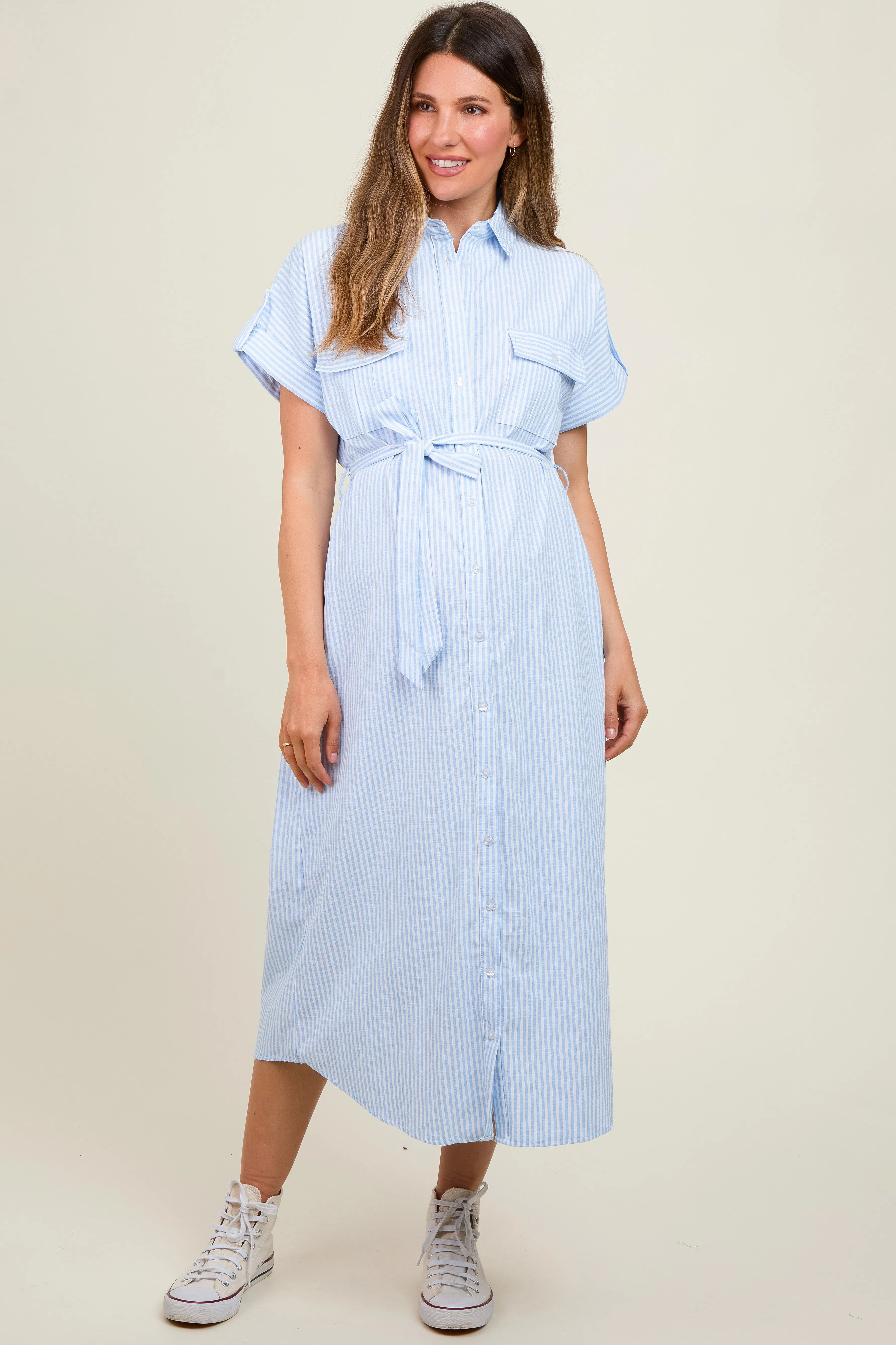 Light Blue Pin Stripe Sash Tie Maternity Midi Dress sold by Pinkblush product image thumbnail 2