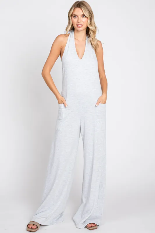 Heather Grey Halter Front Pocket Knit Jumpsuit sold by Pinkblush