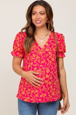 Fuchsia Floral Short Ruffle Sleeve Maternity Top sold by Pinkblush