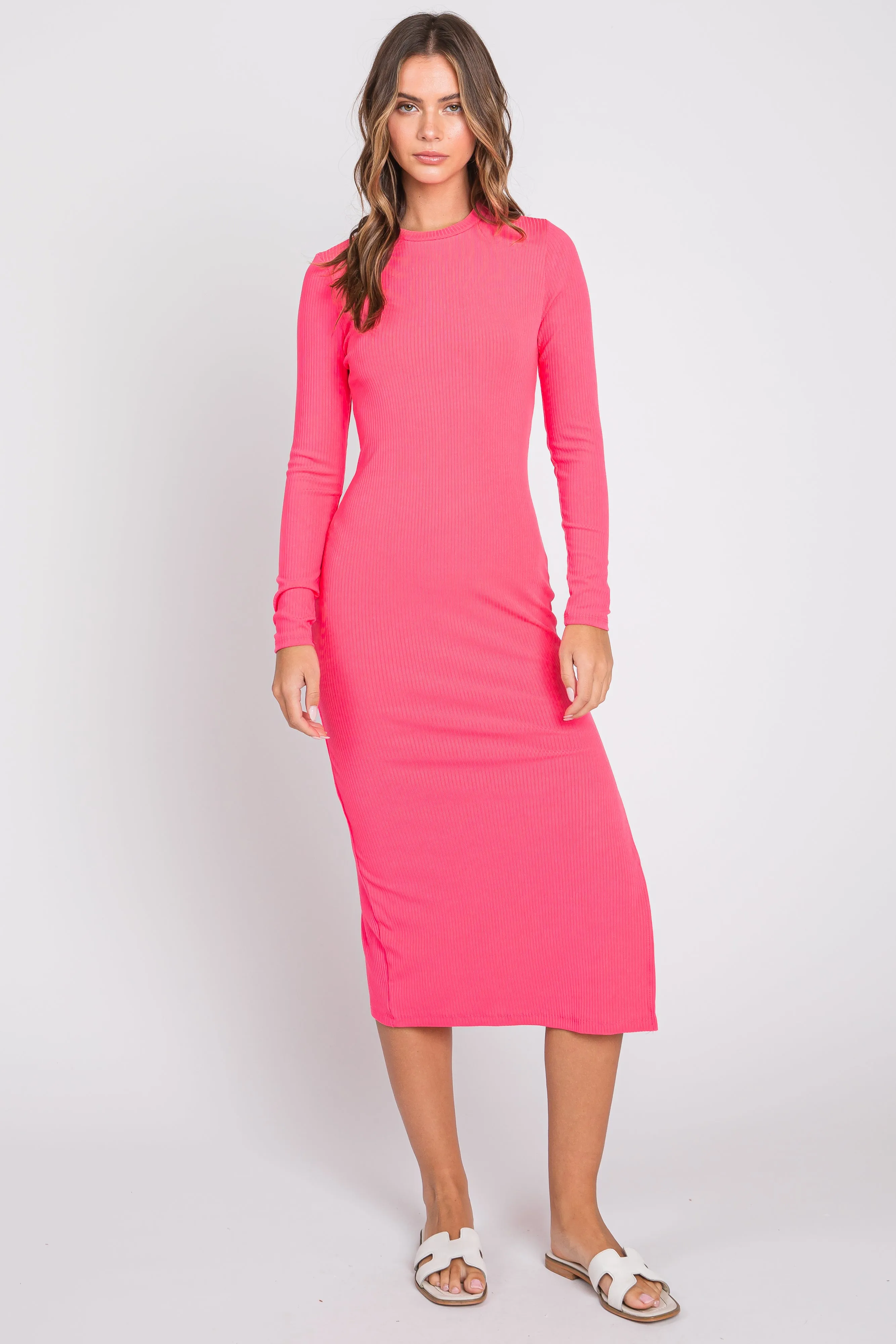 Pink Ribbed Mock Neck Long Sleeve Midi Dress sold by Pinkblush