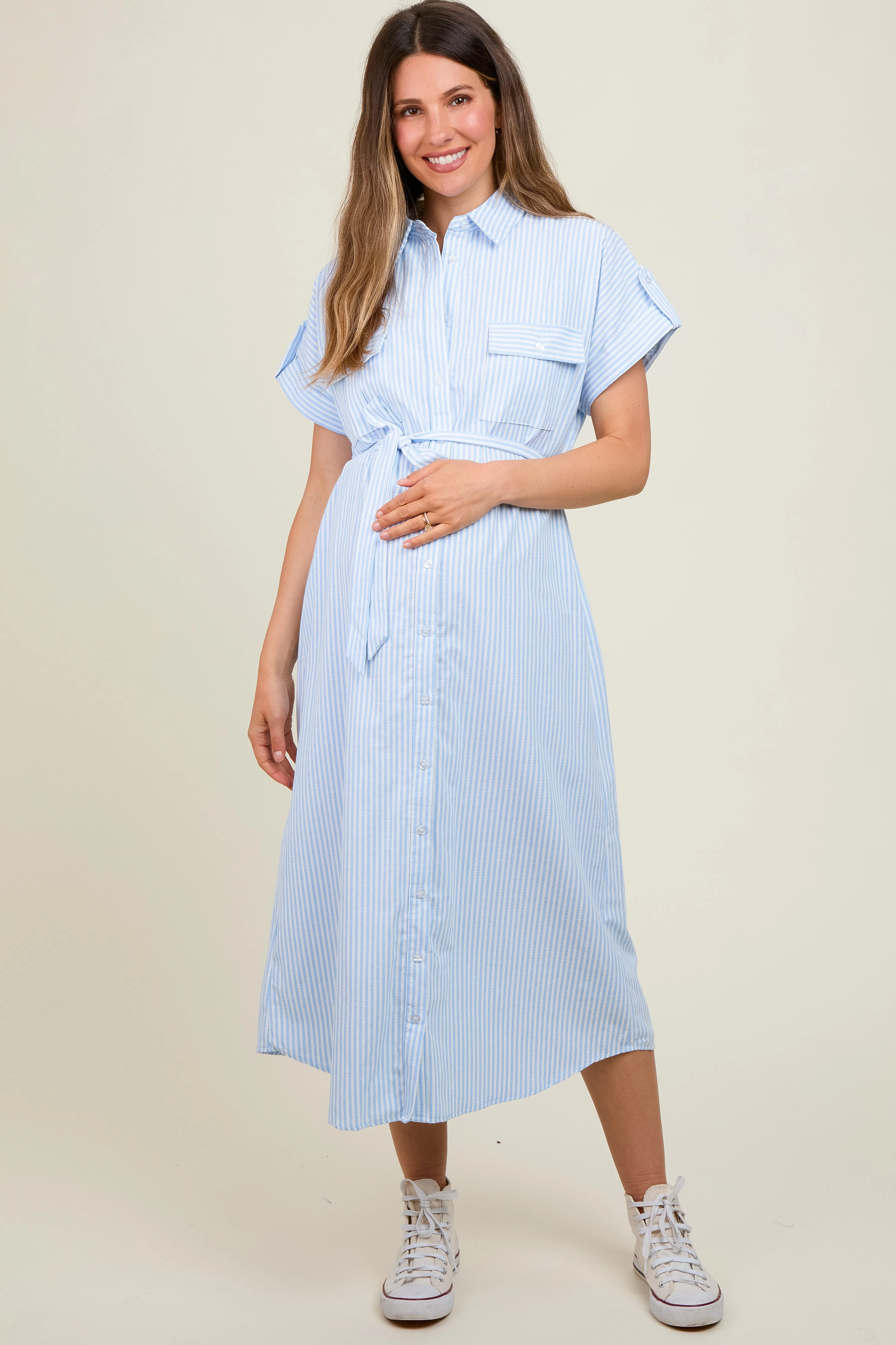 Light Blue Pin Stripe Sash Tie Maternity Midi Dress sold by Pinkblush product image thumbnail 3