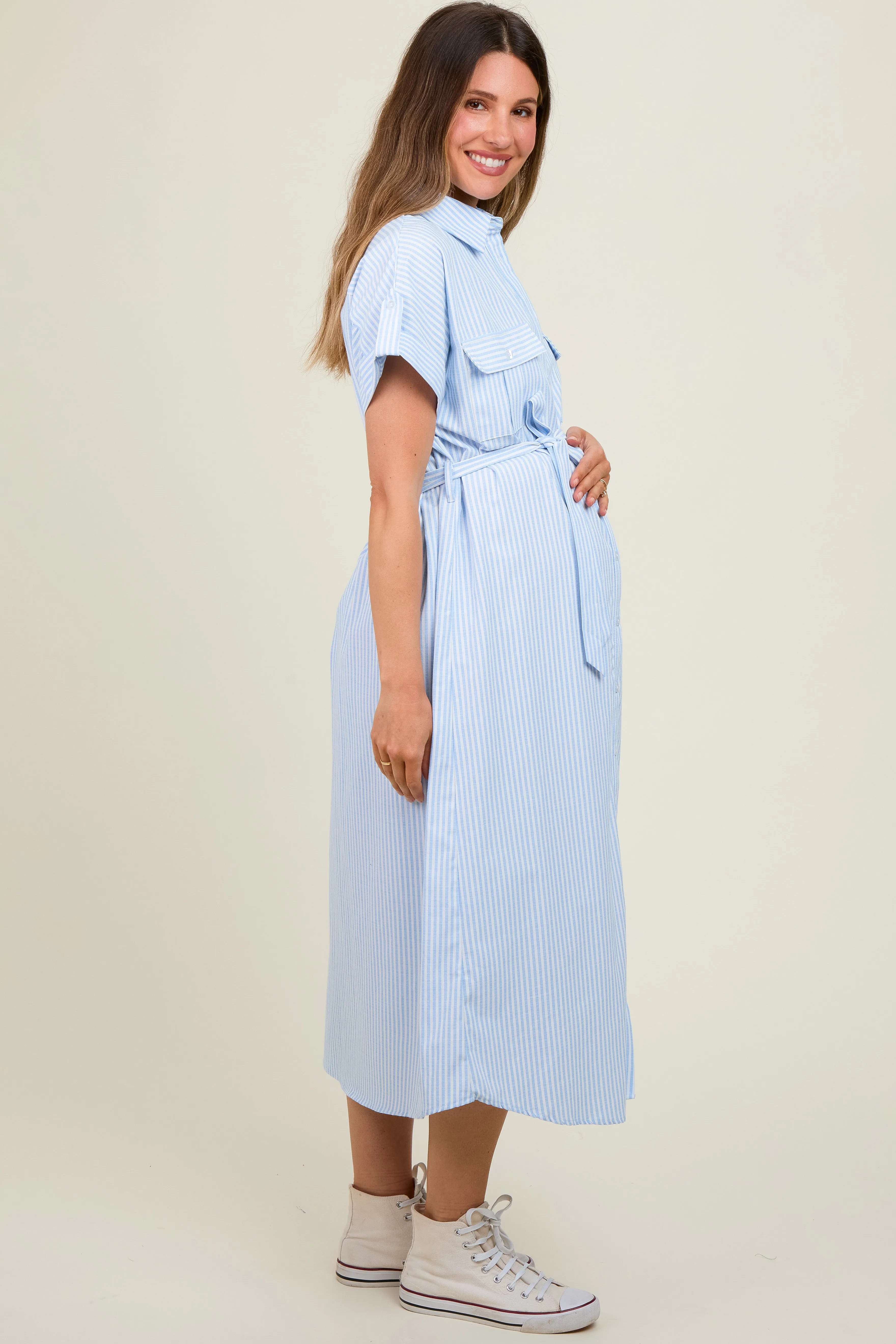 Light Blue Pin Stripe Sash Tie Maternity Midi Dress sold by Pinkblush product image thumbnail 4