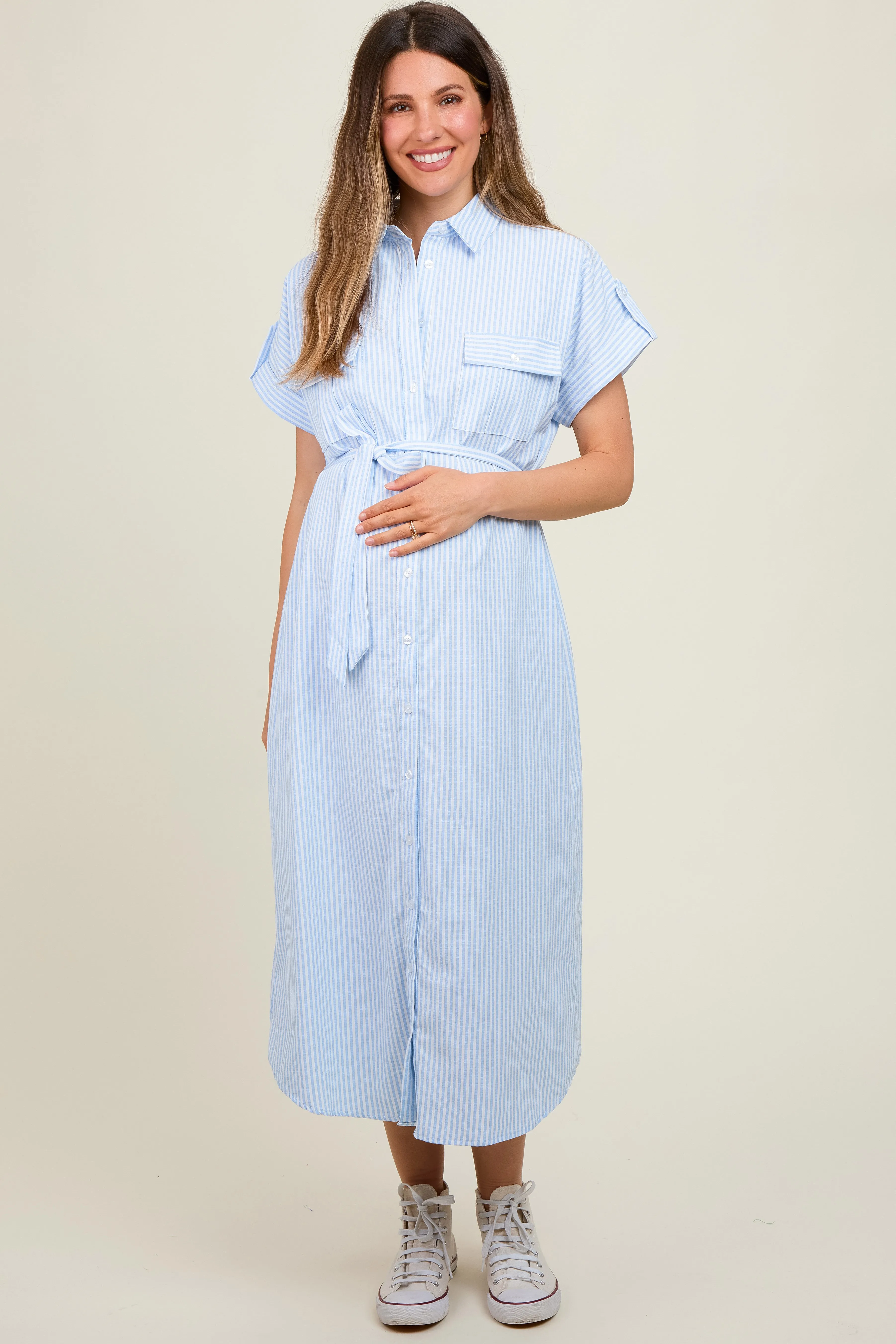 Light Blue Pin Stripe Sash Tie Maternity Midi Dress sold by Pinkblush
