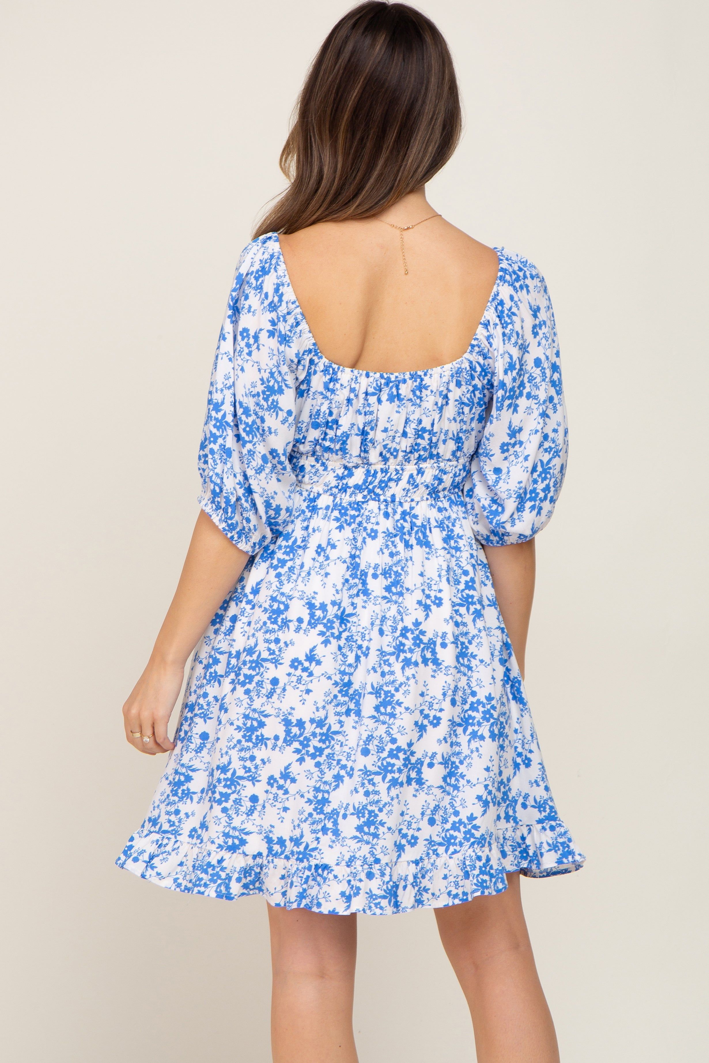 Blue Floral Shirred Puff Sleeve Maternity Dress sold by Pinkblush product image thumbnail 3