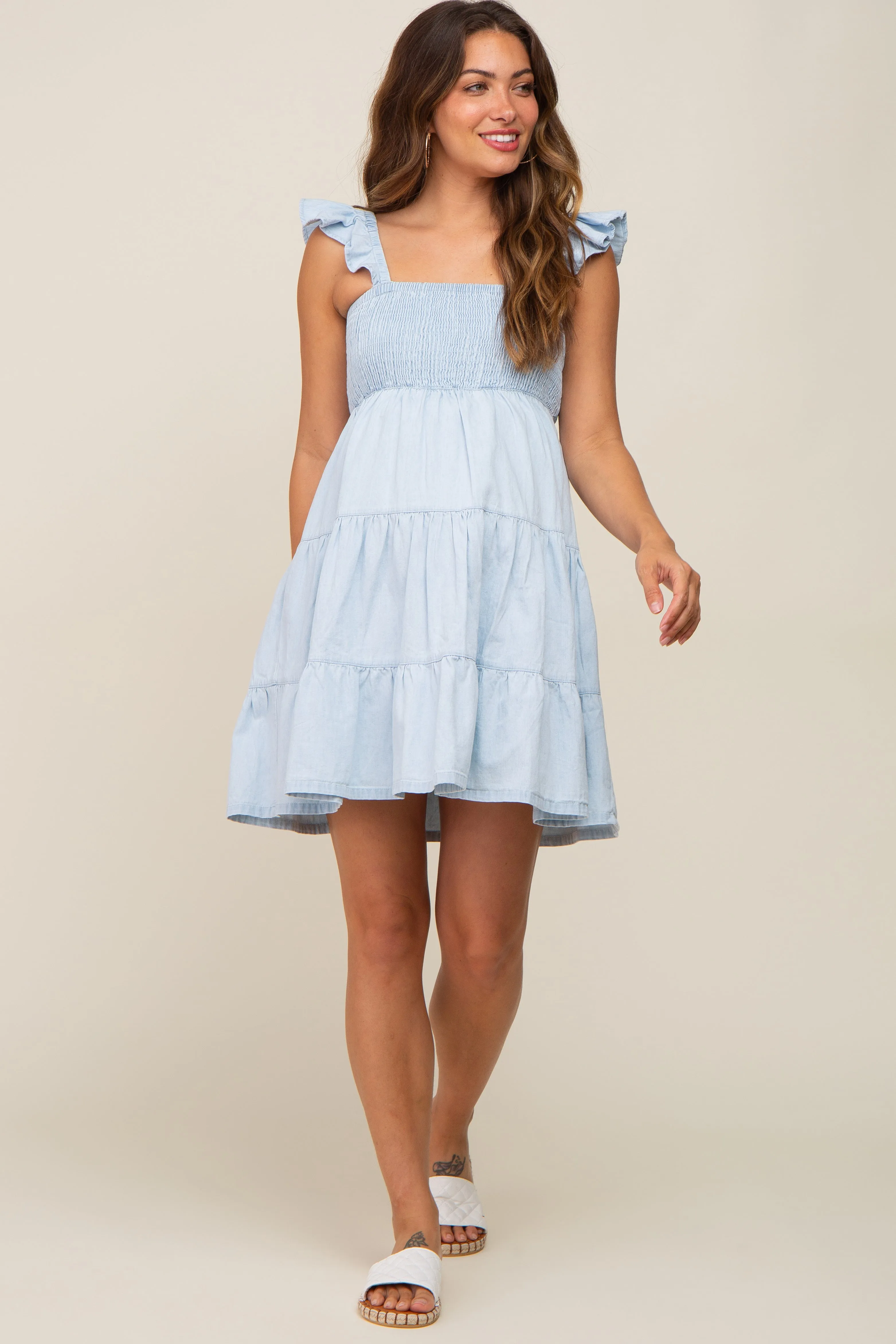 Light Blue Sleeveless Ruffle Tiered Maternity Dress sold by Pinkblush product image thumbnail 5