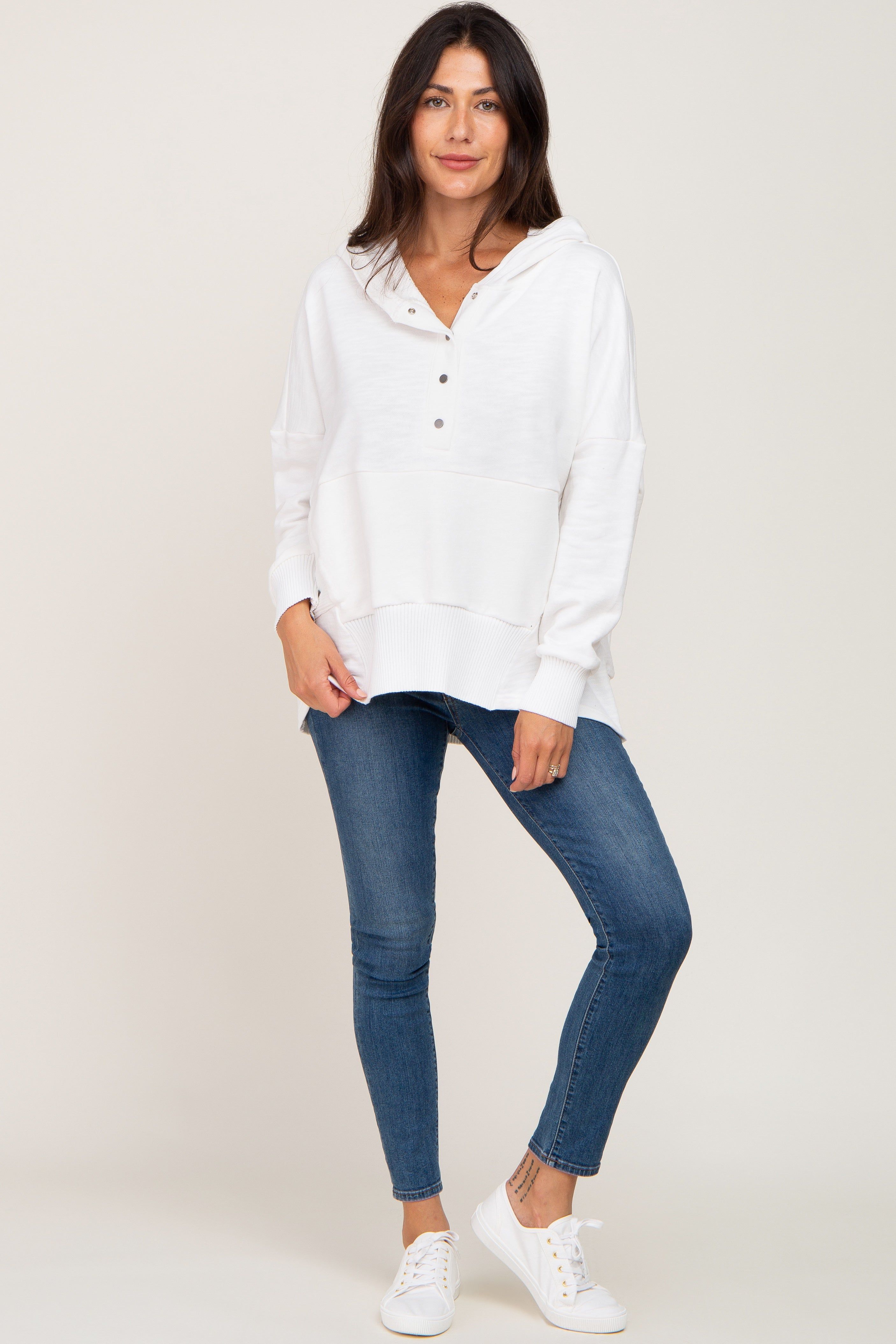 White Button Front Ribbed Trim Hooded Sweatshirt sold by Pinkblush product image thumbnail 4