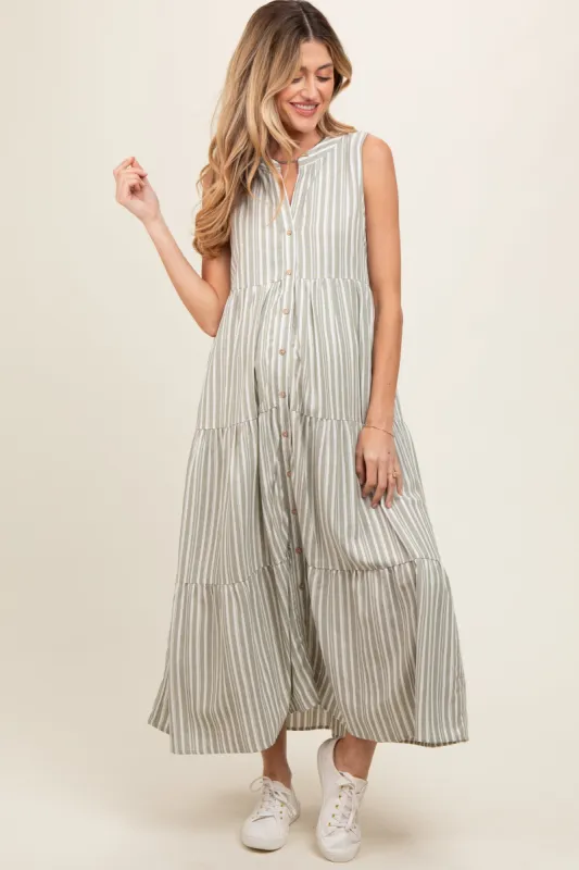 Sage Striped Sleeveless Tiered Linen Maternity Midi Dress sold by Pinkblush
