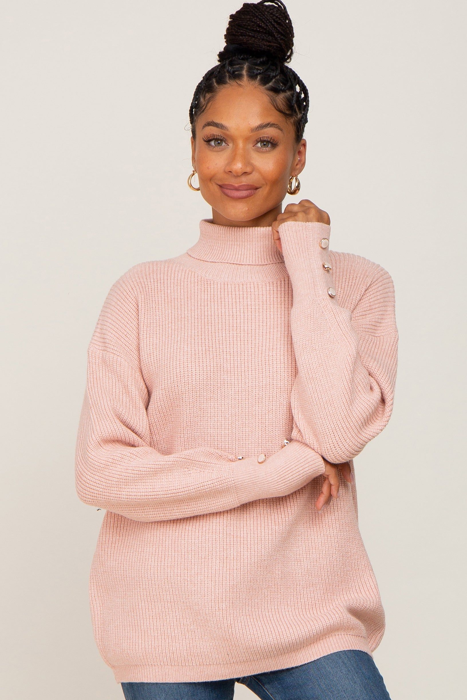 Light Pink Button Accent Turtleneck Sweater sold by Pinkblush
