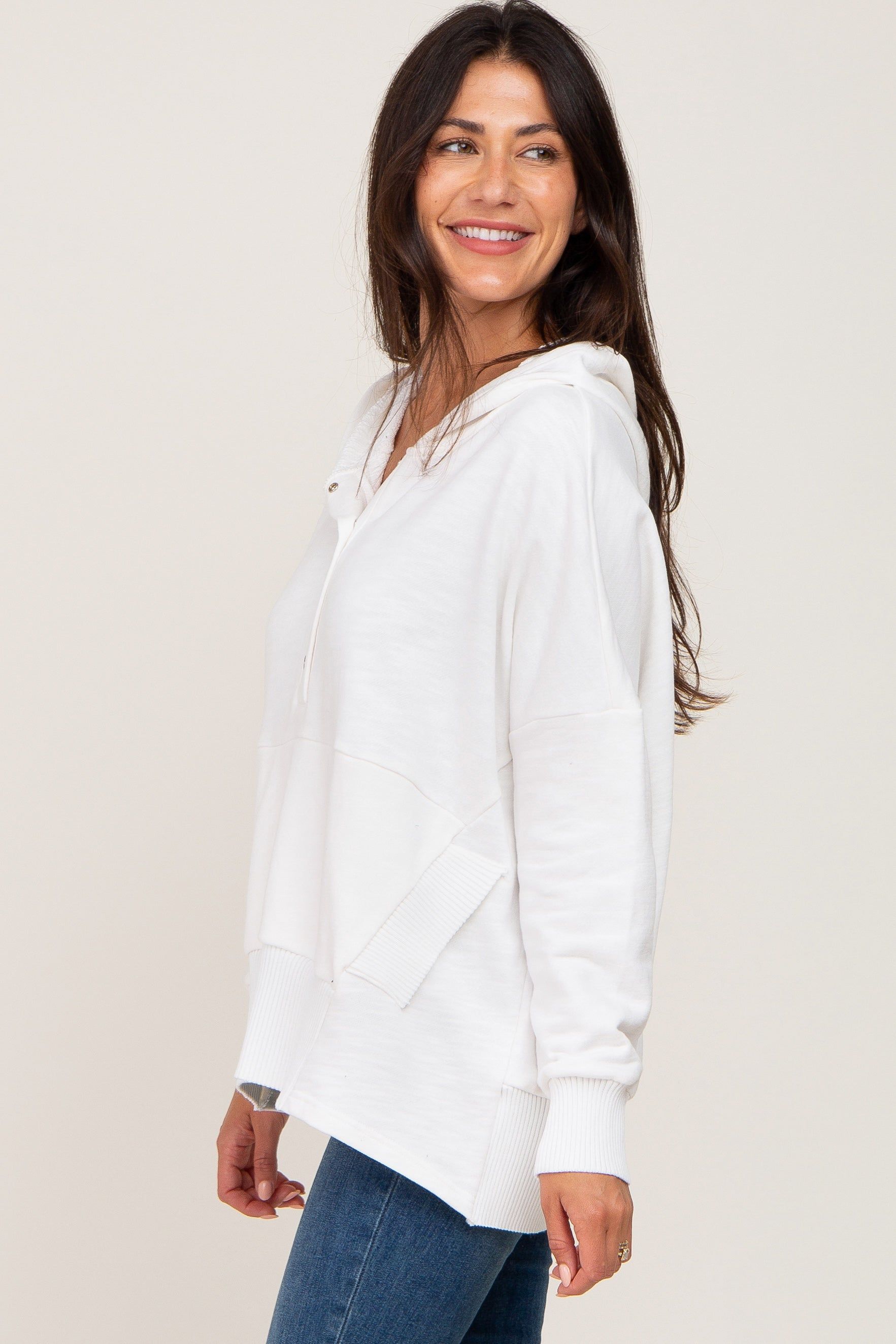 White Button Front Ribbed Trim Hooded Sweatshirt sold by Pinkblush product image thumbnail 2