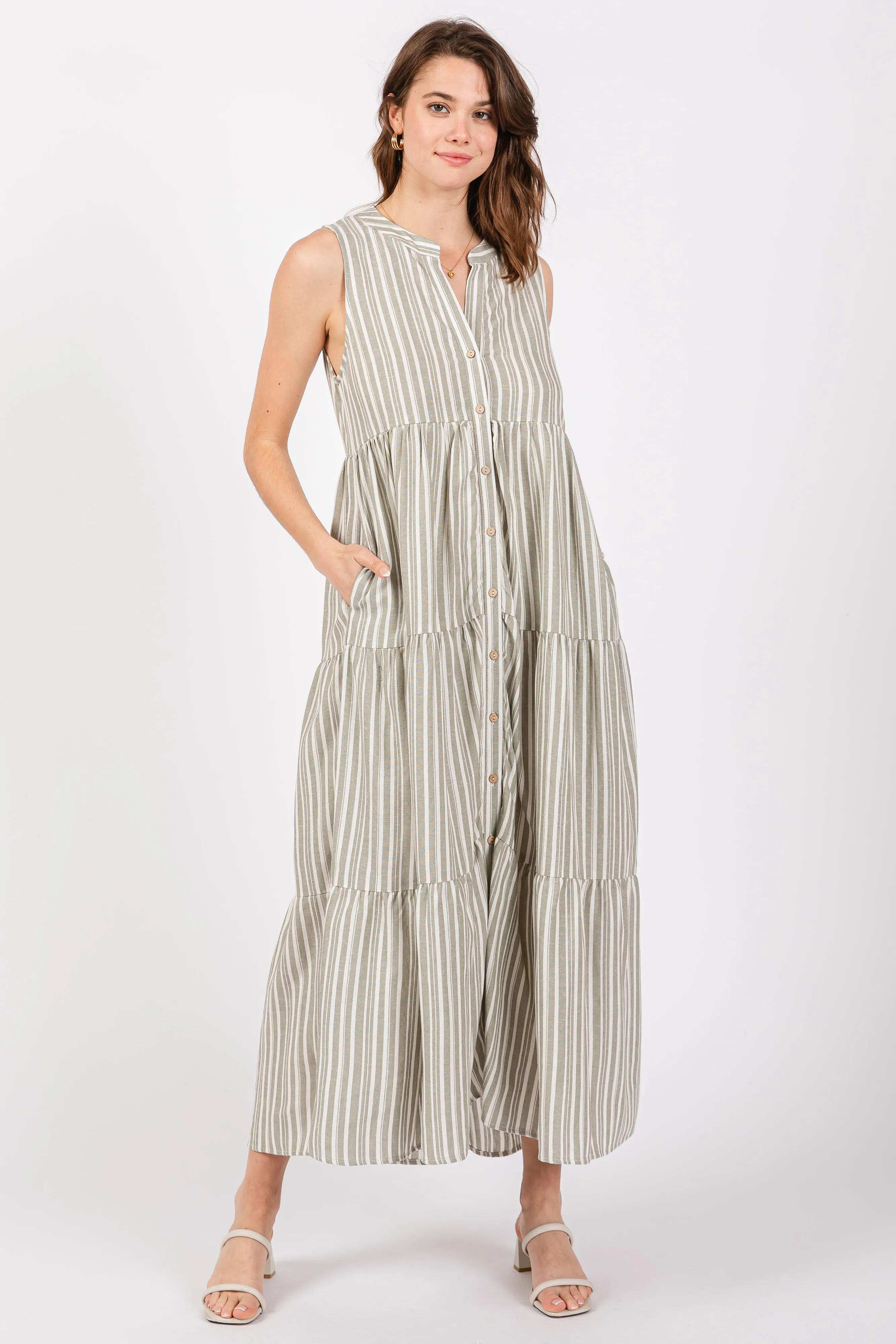 Sage Striped Sleeveless Tiered Linen Maternity Midi Dress sold by Pinkblush product image thumbnail 5