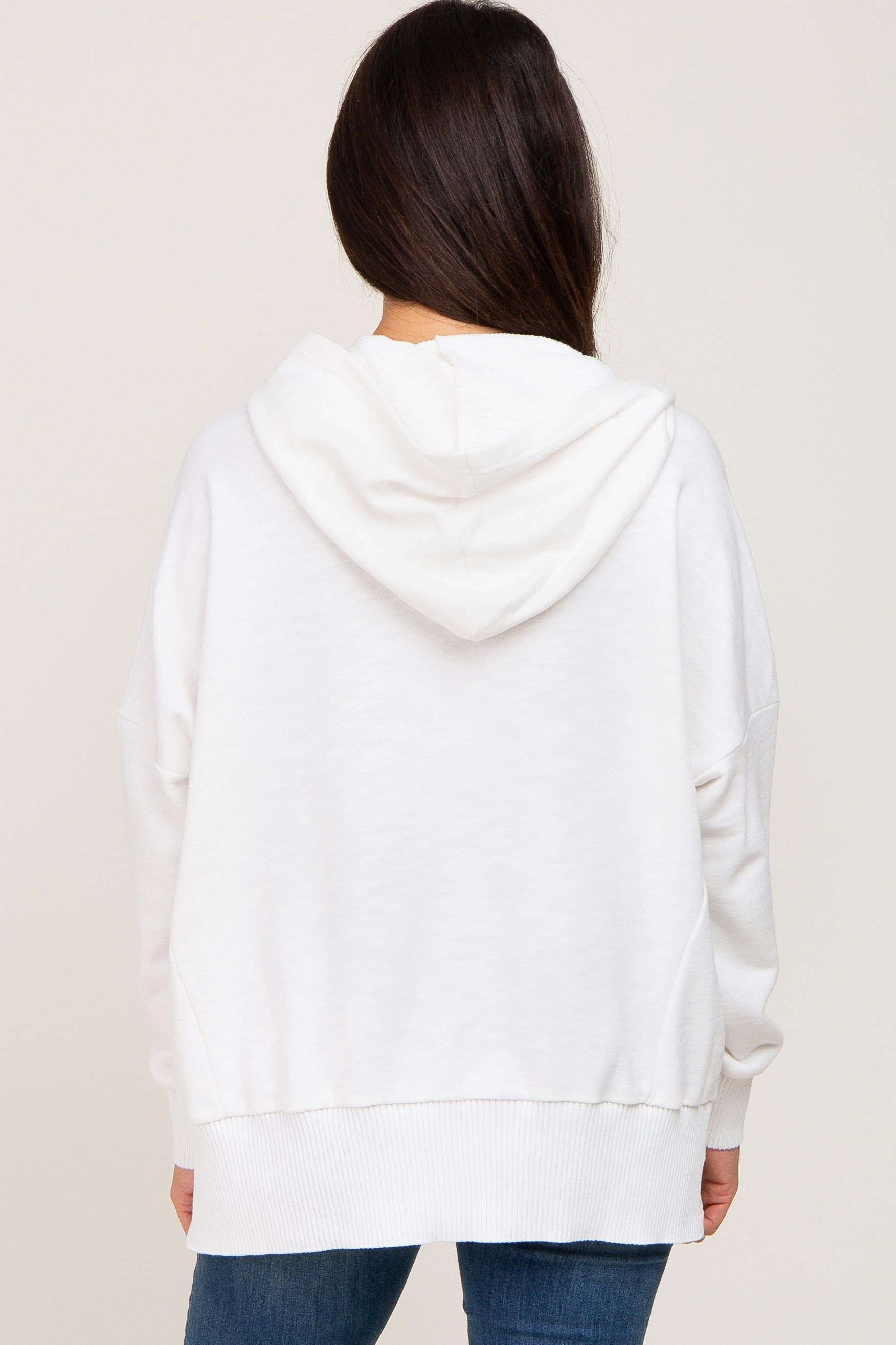 White Button Front Ribbed Trim Hooded Sweatshirt sold by Pinkblush product image thumbnail 3
