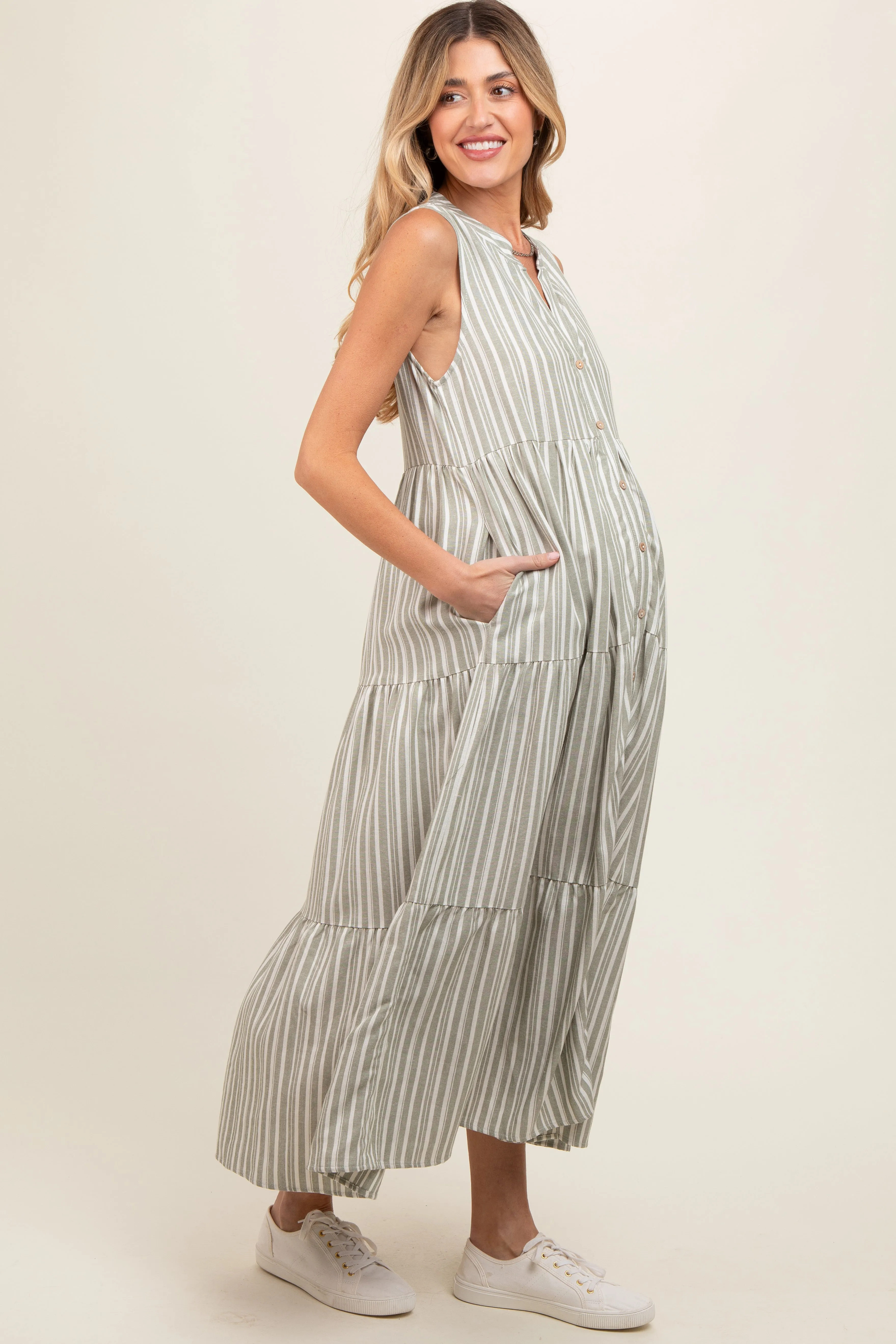 Sage Striped Sleeveless Tiered Linen Maternity Midi Dress sold by Pinkblush product image thumbnail 3