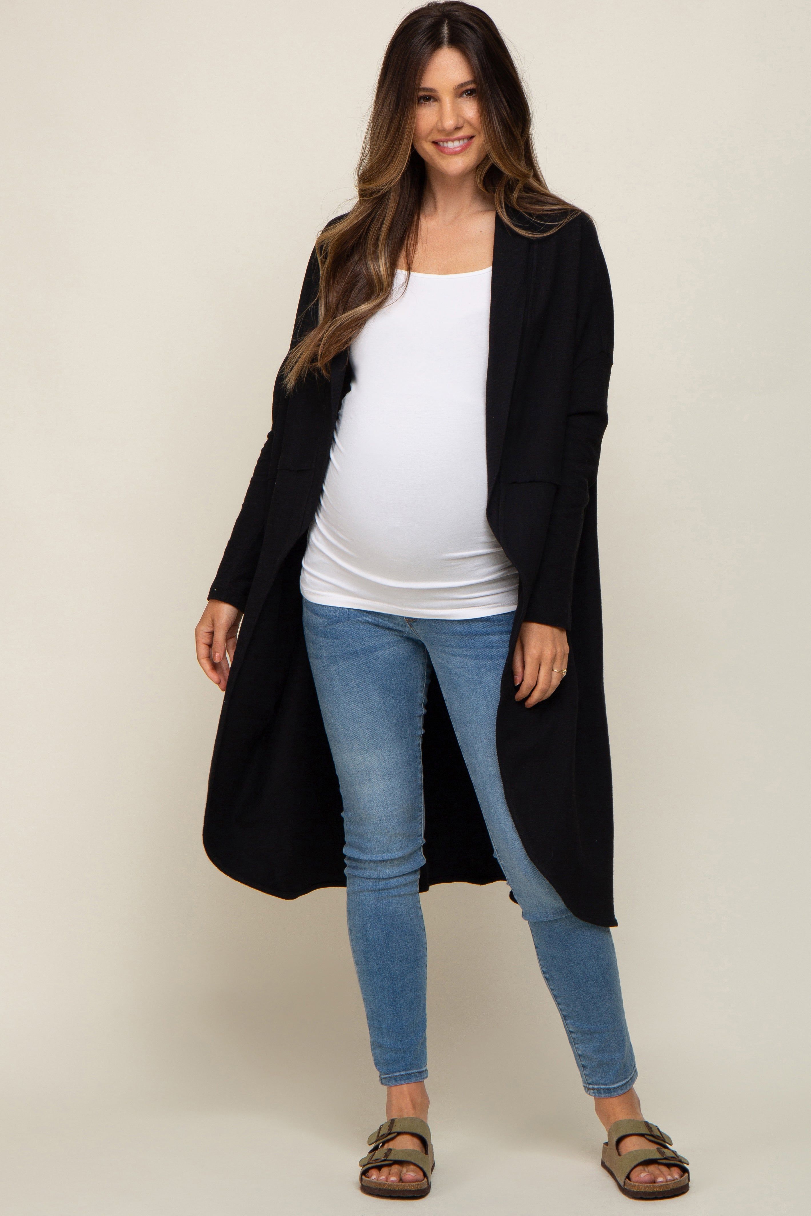 Black Open Front Long Maternity Cardigan sold by Pinkblush